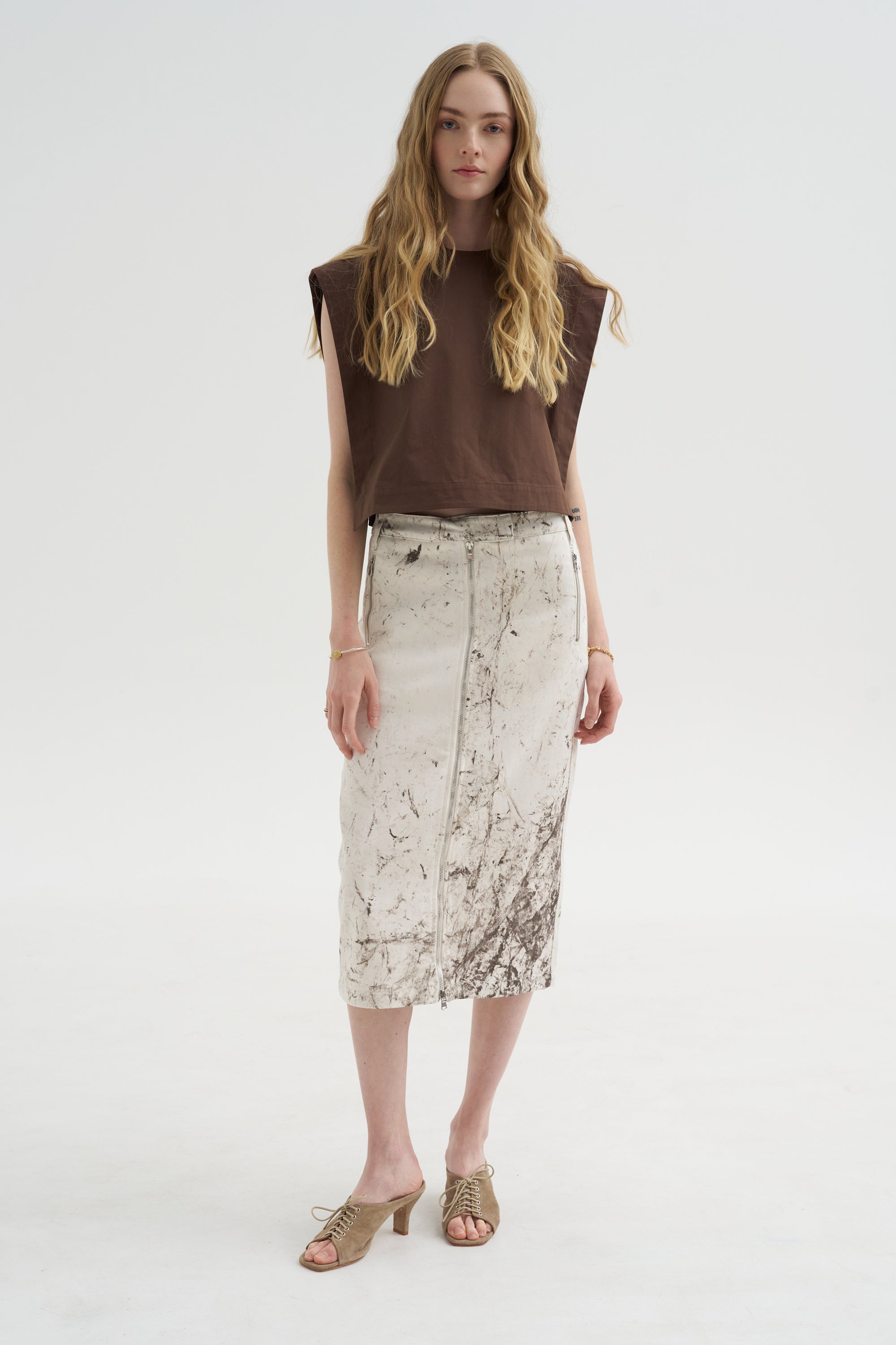 Calcimin Denim Midi Trouser Zip Skirt, Ivory Multi