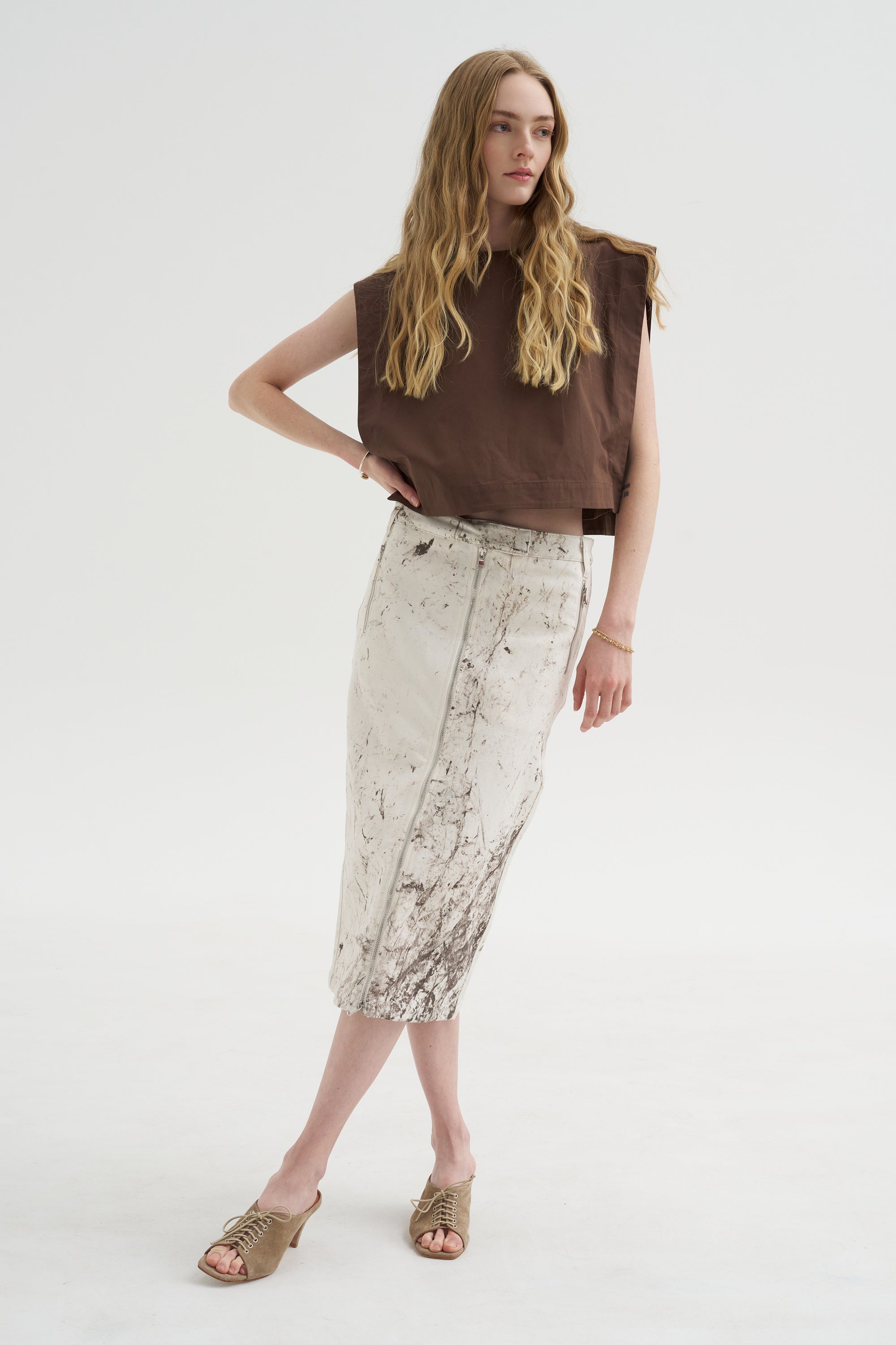 Calcimin Denim Midi Trouser Zip Skirt, Ivory Multi
