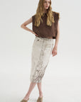 Calcimin Denim Midi Trouser Zip Skirt, Ivory Multi