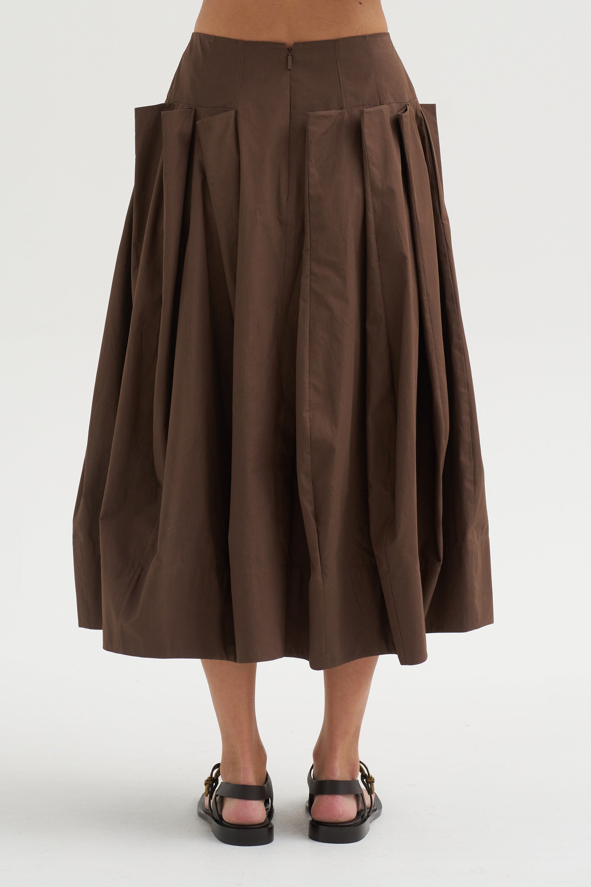 Compact Eco Poplin Pinched Pleat Full Skirt, Sepia Brown