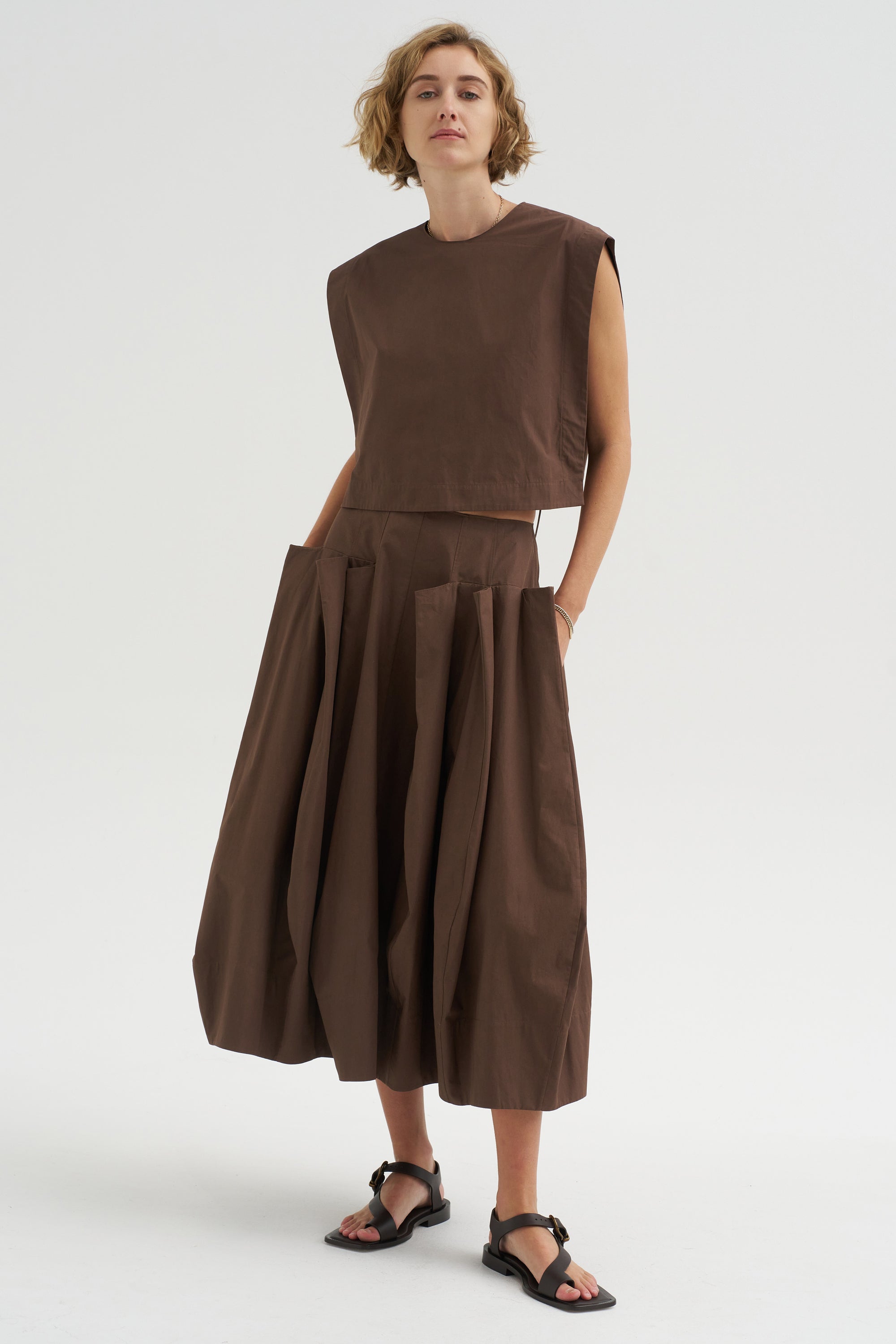Compact Eco Poplin Pinched Pleat Full Skirt, Sepia Brown