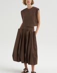 Compact Eco Poplin Pinched Pleat Full Skirt, Sepia Brown