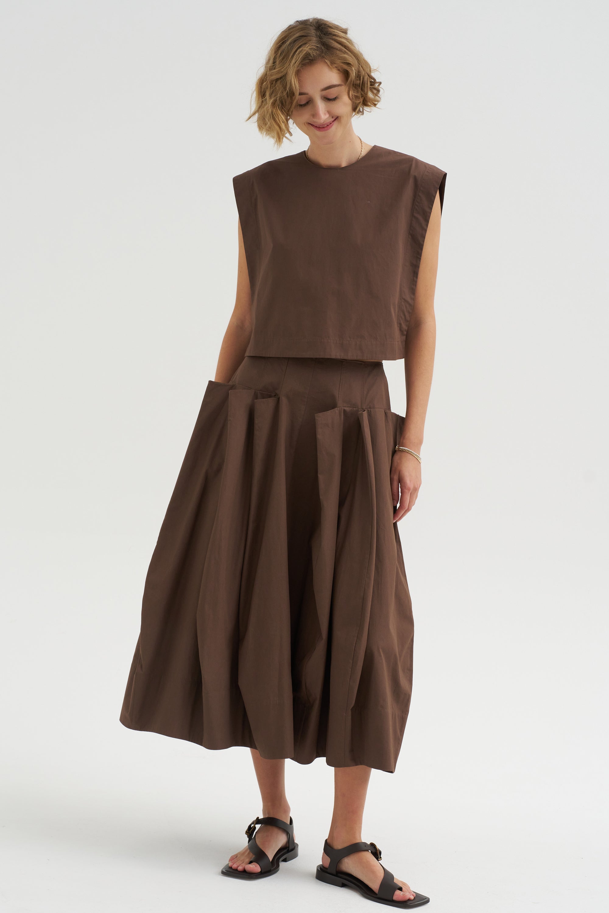 Compact Eco Poplin Pinched Pleat Full Skirt, Sepia Brown
