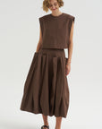 Compact Eco Poplin Pinched Pleat Full Skirt, Sepia Brown