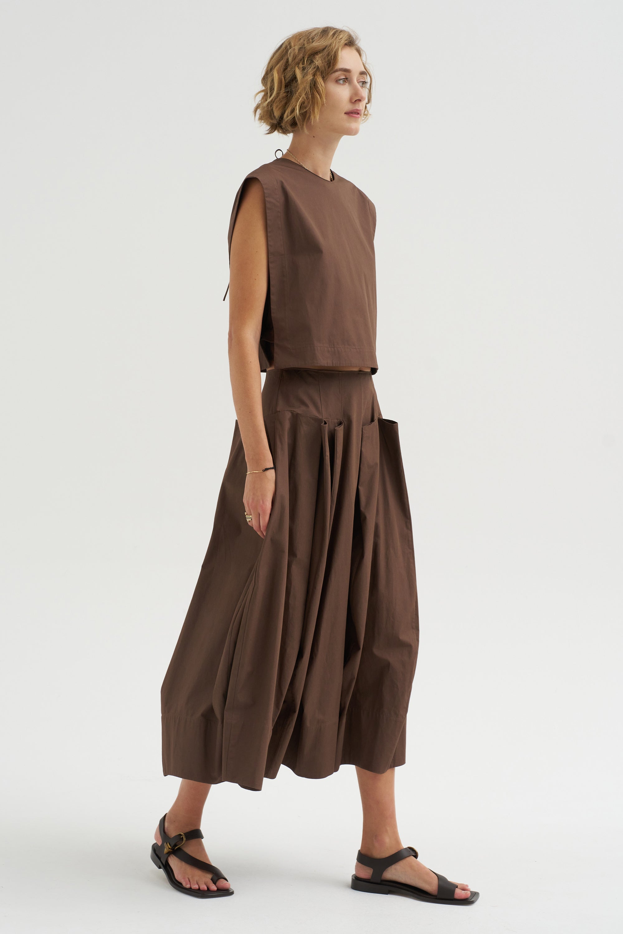 Compact Eco Poplin Pinched Pleat Full Skirt, Sepia Brown