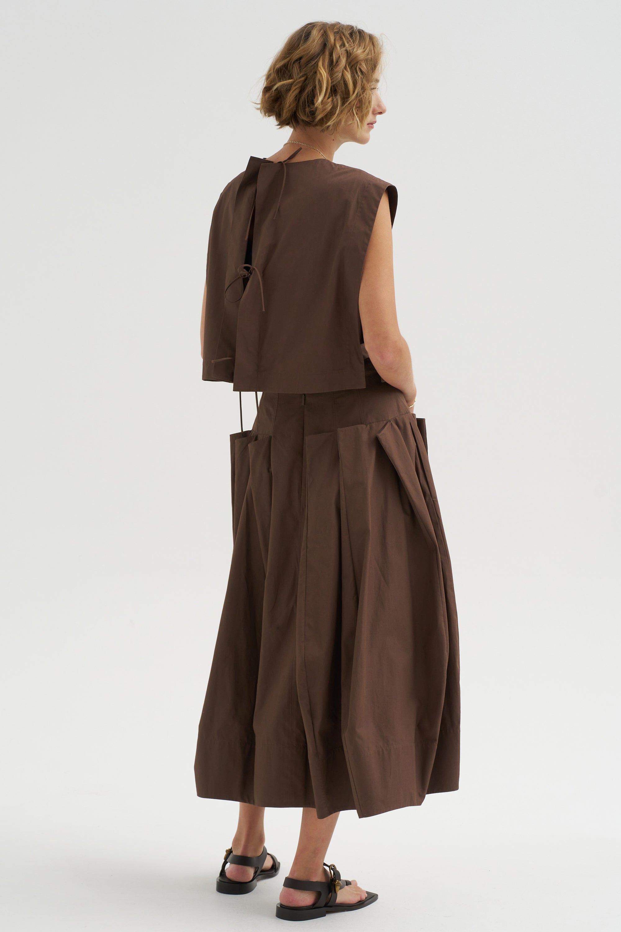 Compact Eco Poplin Pinched Pleat Full Skirt, Sepia Brown