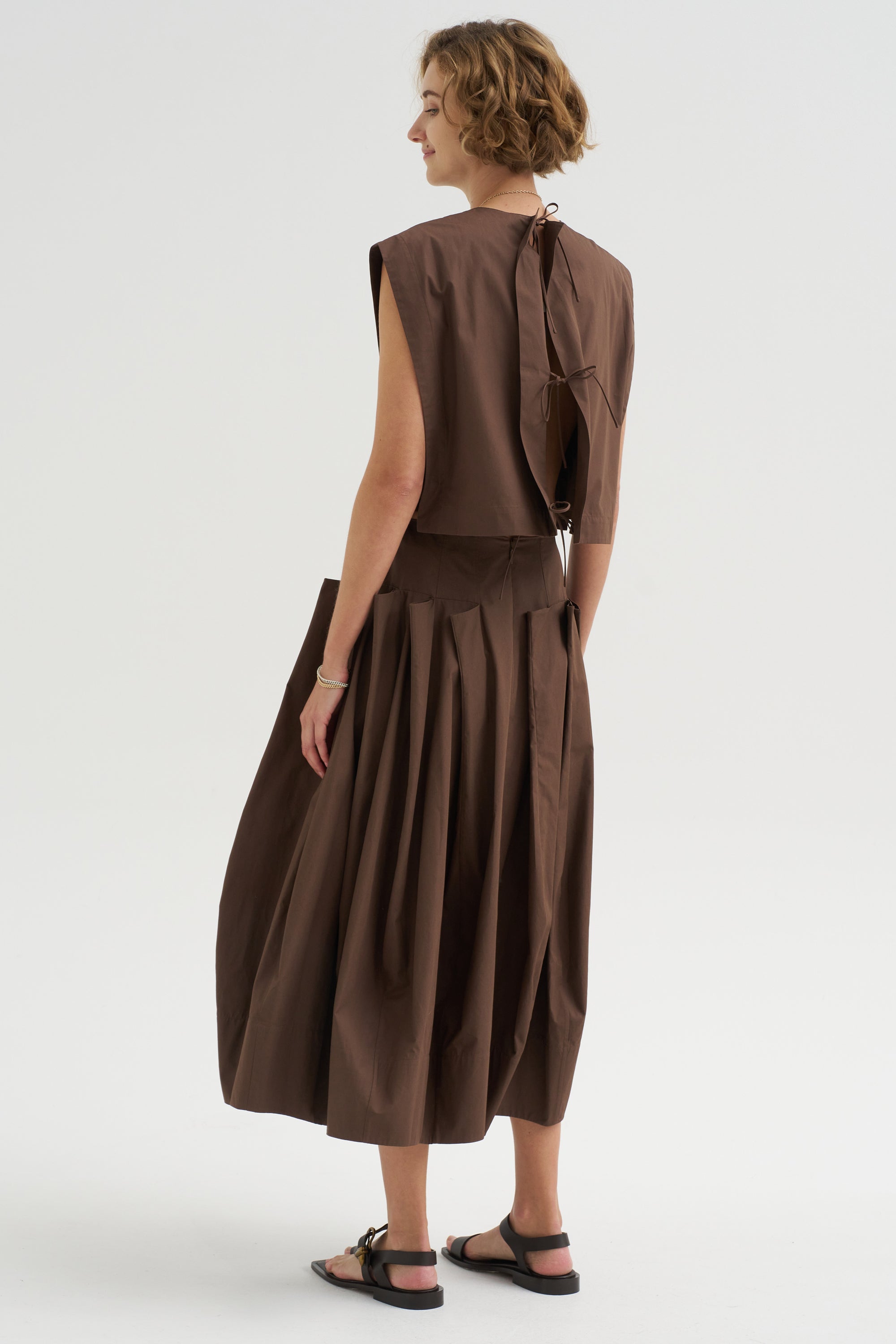 Compact Eco Poplin Pinched Pleat Full Skirt, Sepia Brown