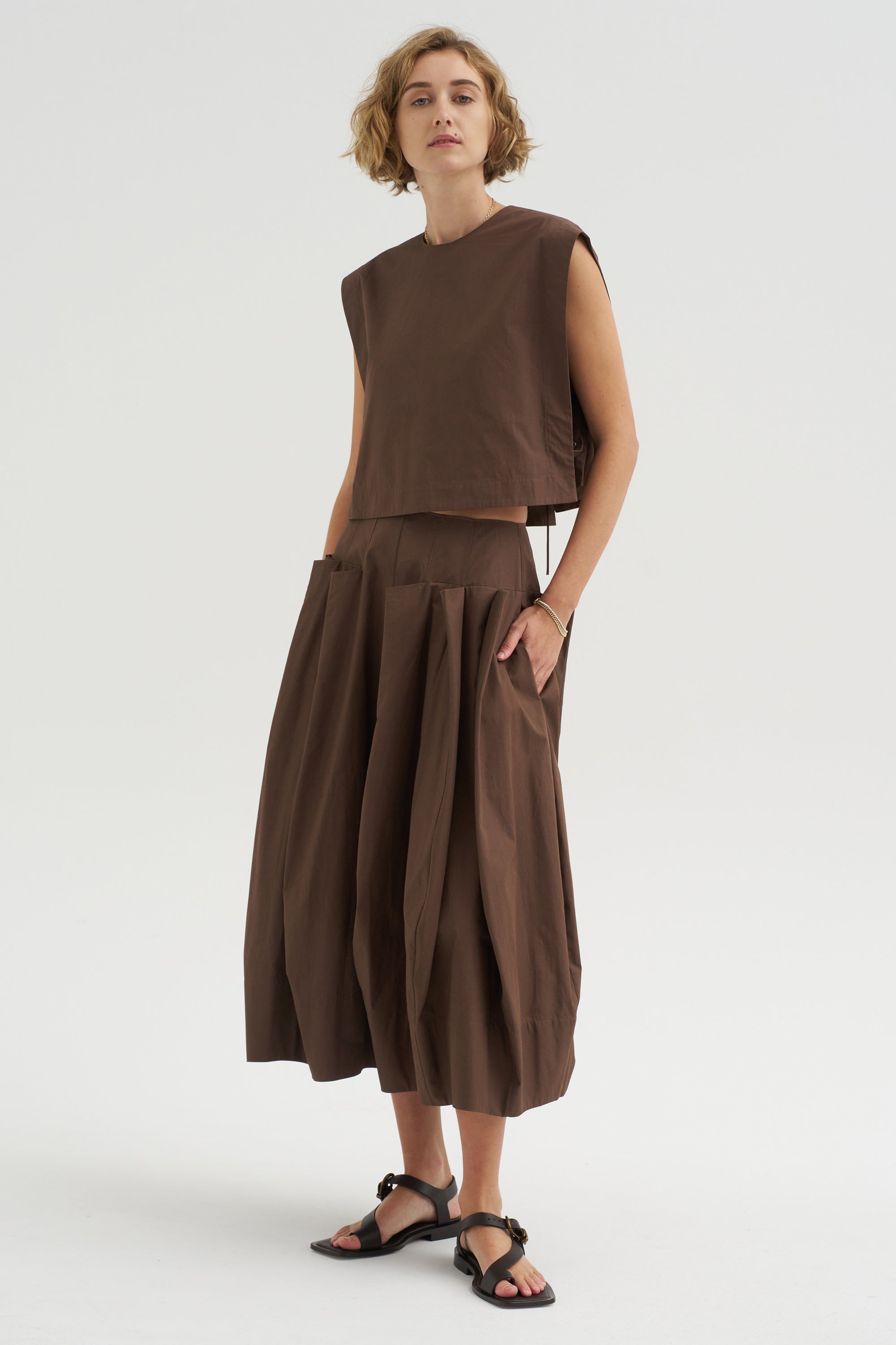 Compact Eco Poplin Pinched Pleat Full Skirt, Sepia Brown