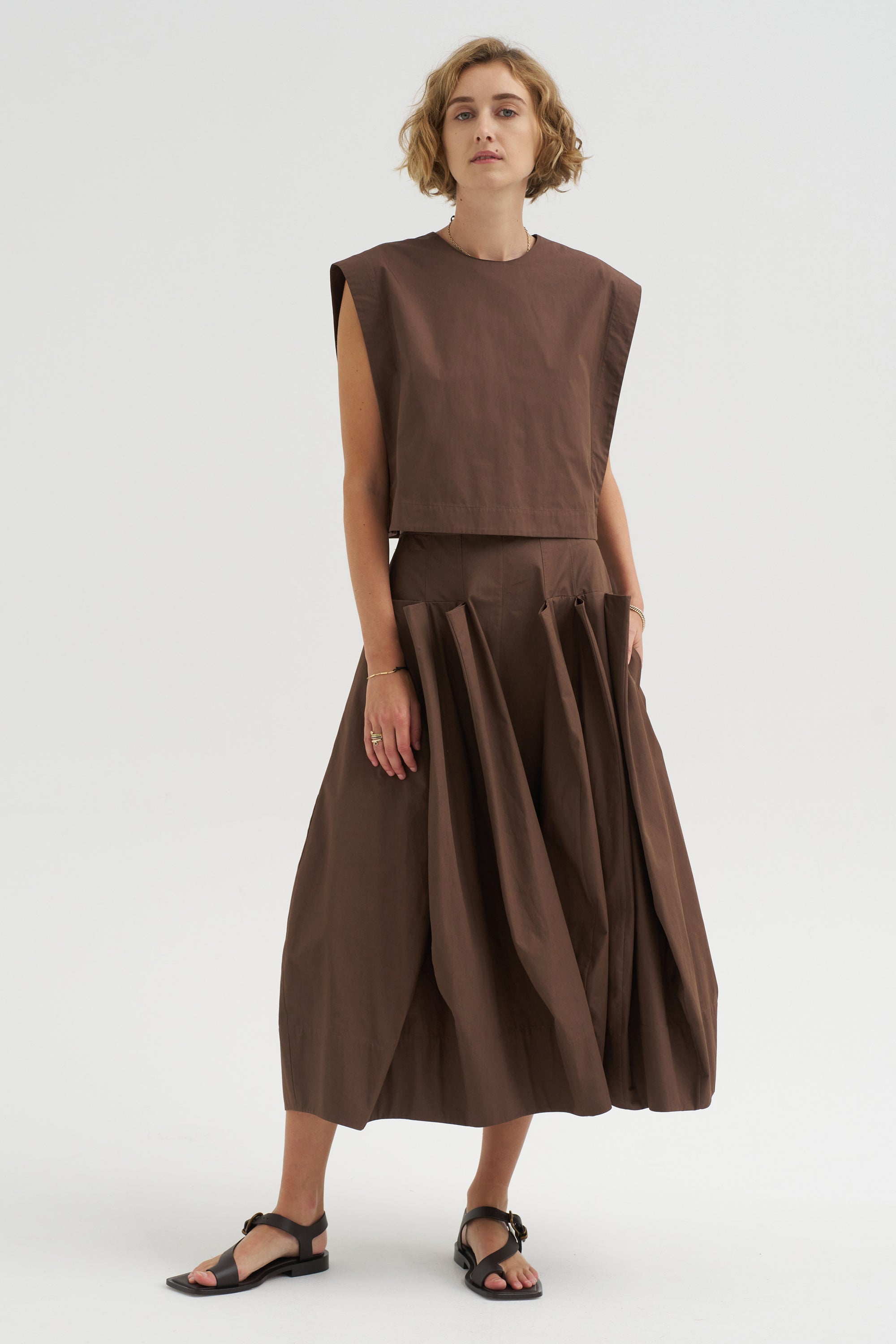 Compact Eco Poplin Pinched Pleat Full Skirt, Sepia Brown