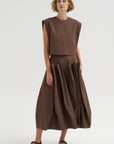 Compact Eco Poplin Pinched Pleat Full Skirt, Sepia Brown