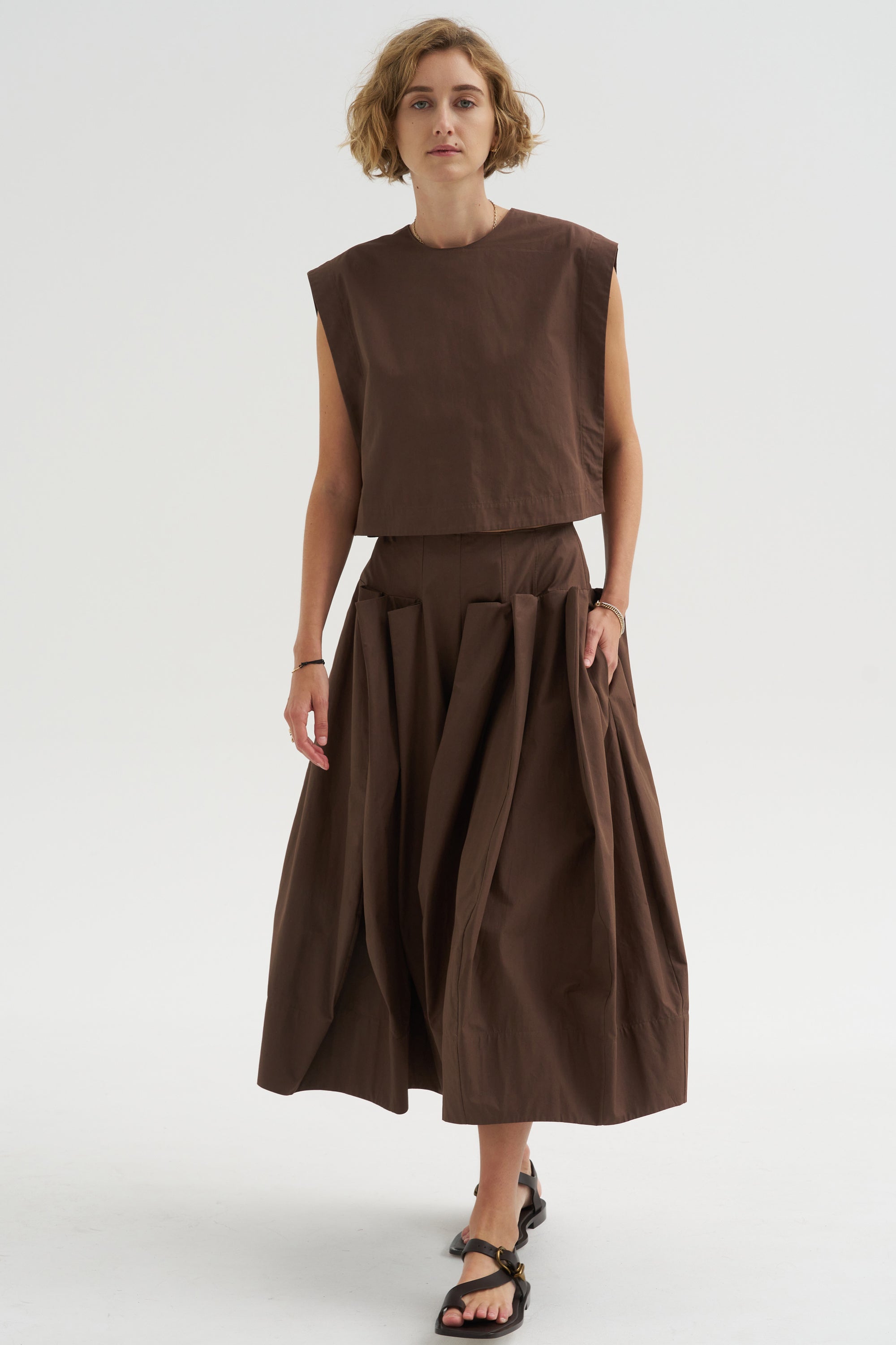 Compact Eco Poplin Pinched Pleat Full Skirt, Sepia Brown