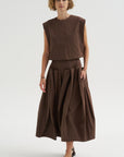 Compact Eco Poplin Pinched Pleat Full Skirt, Sepia Brown