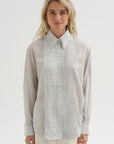 Ultra Light Silk Tencel Striped Pintucked Shirt, White Grey Multi