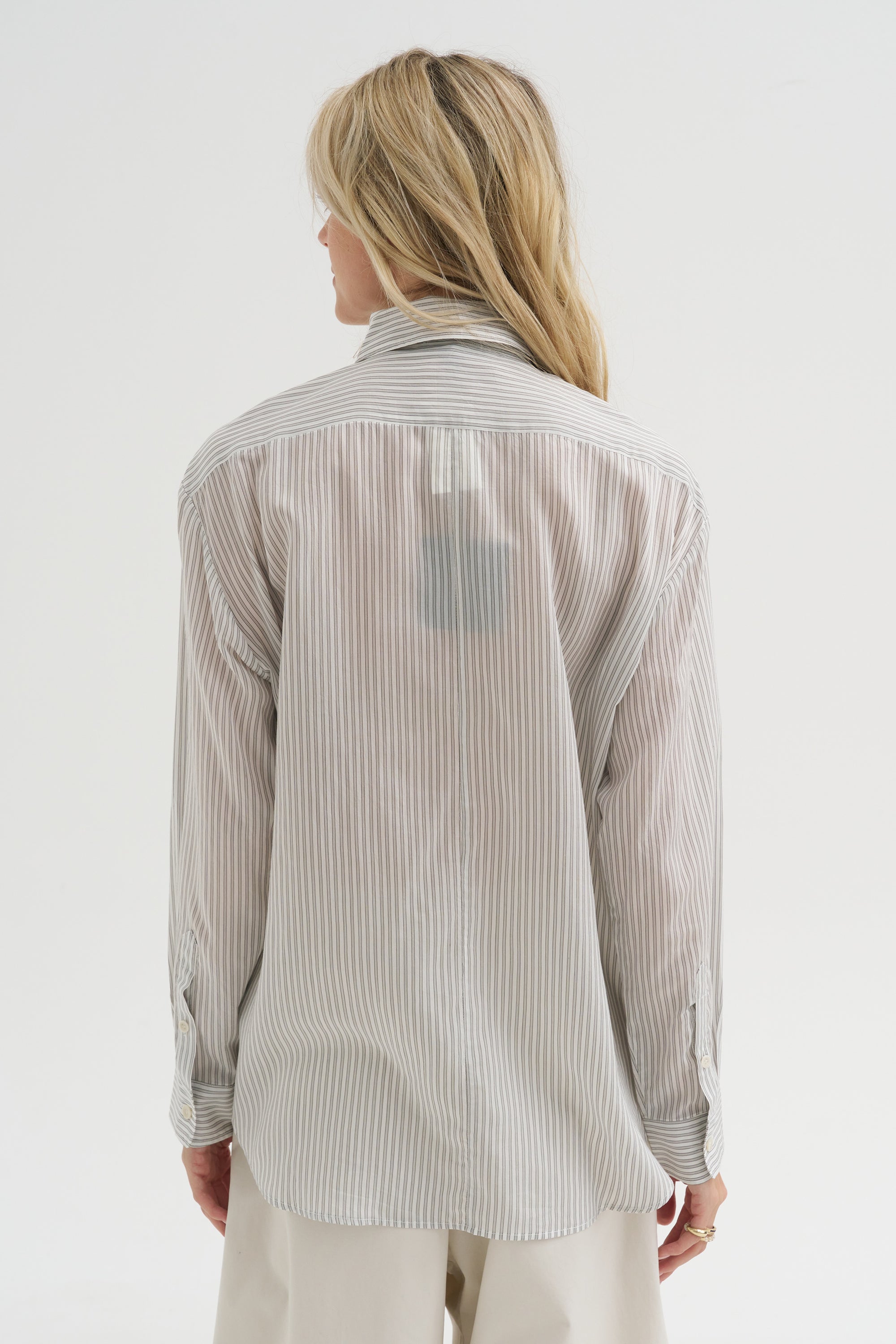 Ultra Light Silk Tencel Striped Pintucked Shirt, White Grey Multi