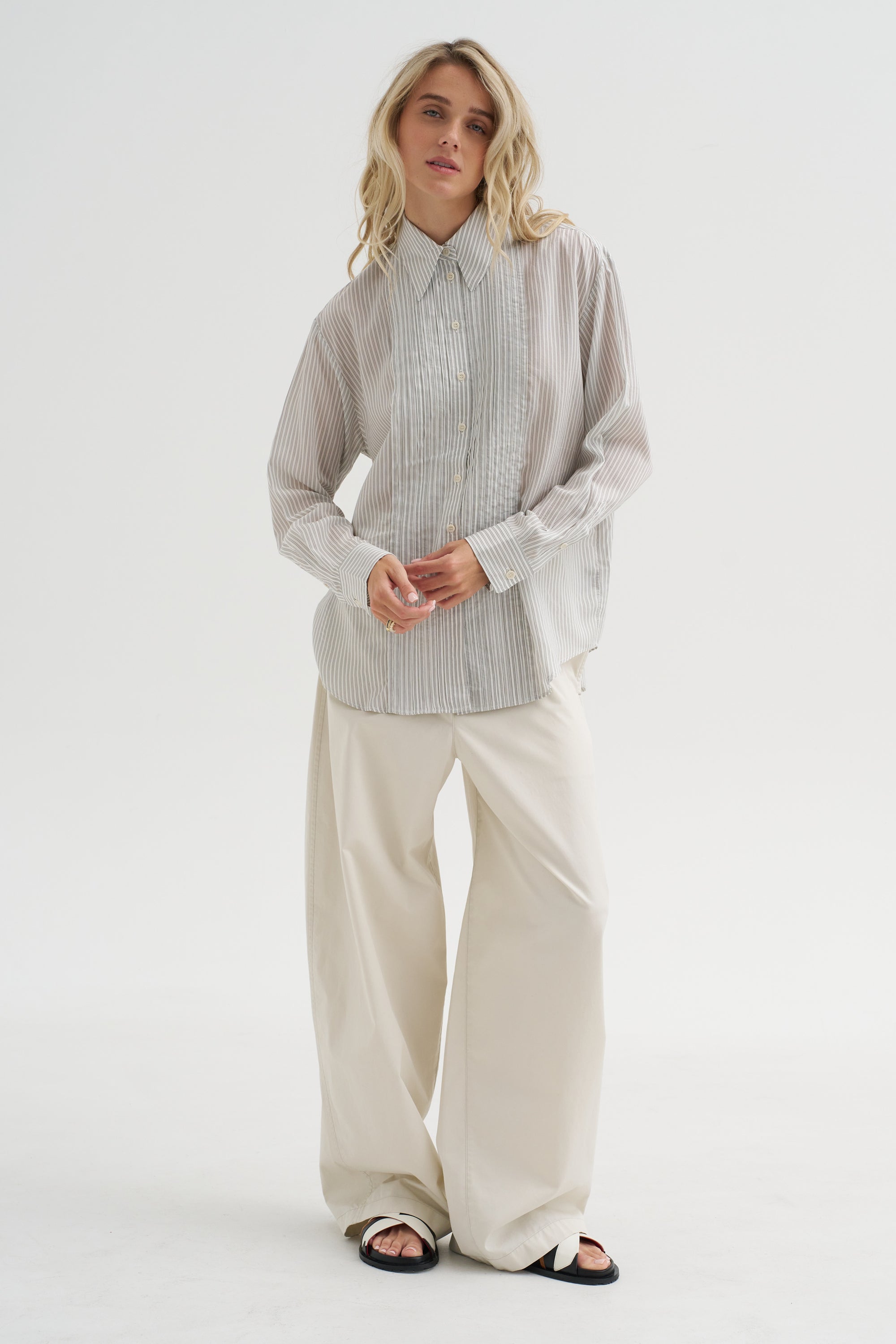 Ultra Light Silk Tencel Striped Pintucked Shirt, White Grey Multi