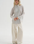 Ultra Light Silk Tencel Striped Pintucked Shirt, White Grey Multi