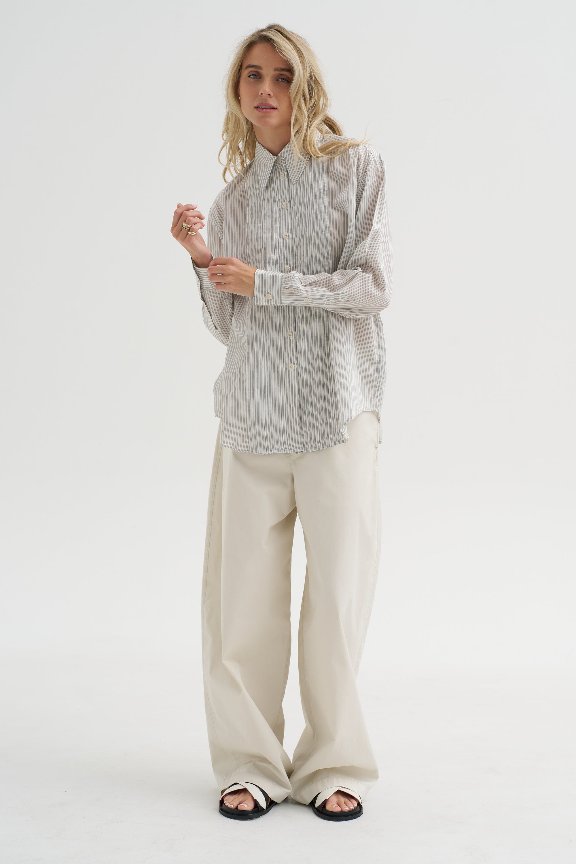 Ultra Light Silk Tencel Striped Pintucked Shirt, White Grey Multi
