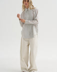 Ultra Light Silk Tencel Striped Pintucked Shirt, White Grey Multi