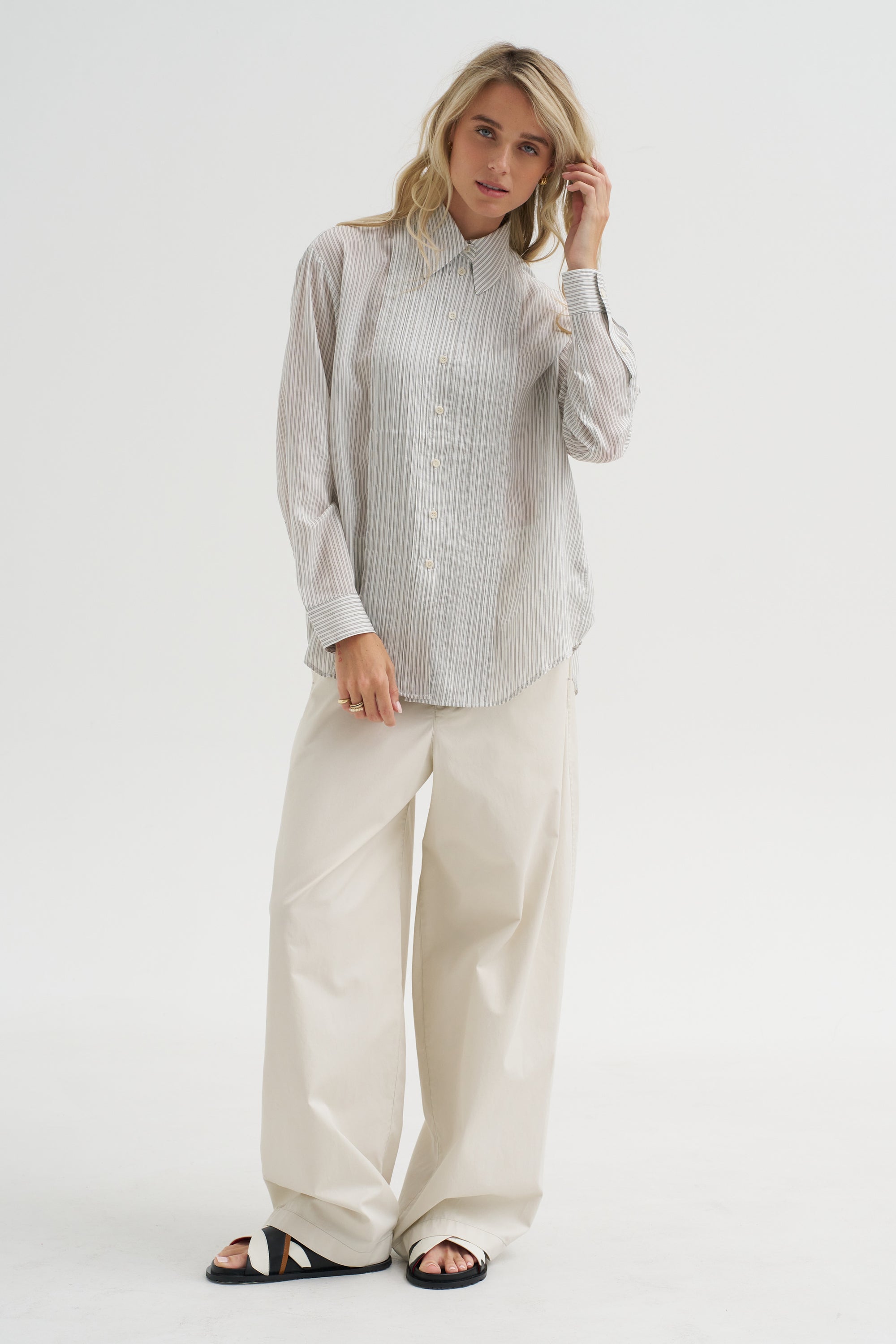Ultra Light Silk Tencel Striped Pintucked Shirt, White Grey Multi