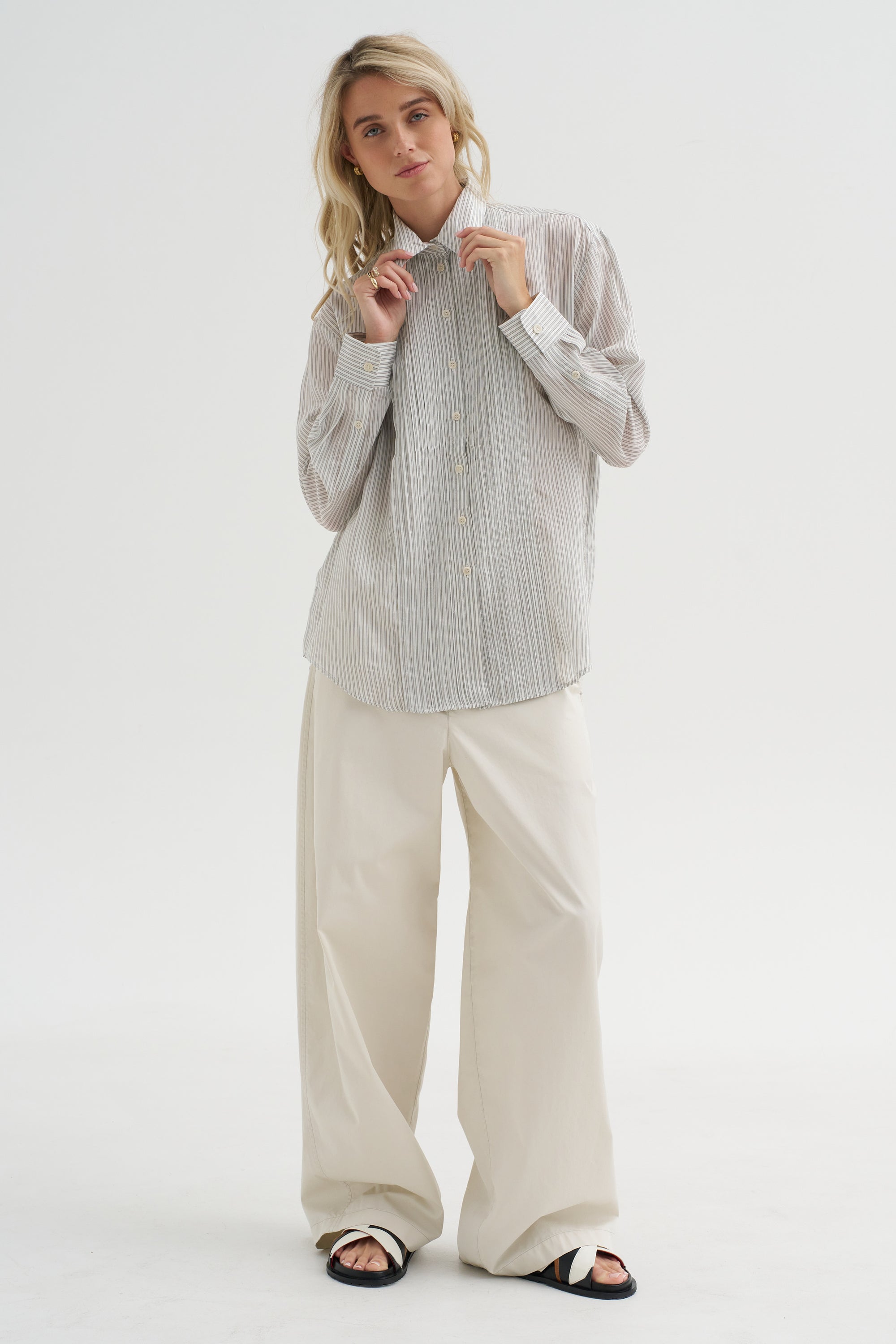 Ultra Light Silk Tencel Striped Pintucked Shirt, White Grey Multi