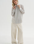 Ultra Light Silk Tencel Striped Pintucked Shirt, White Grey Multi