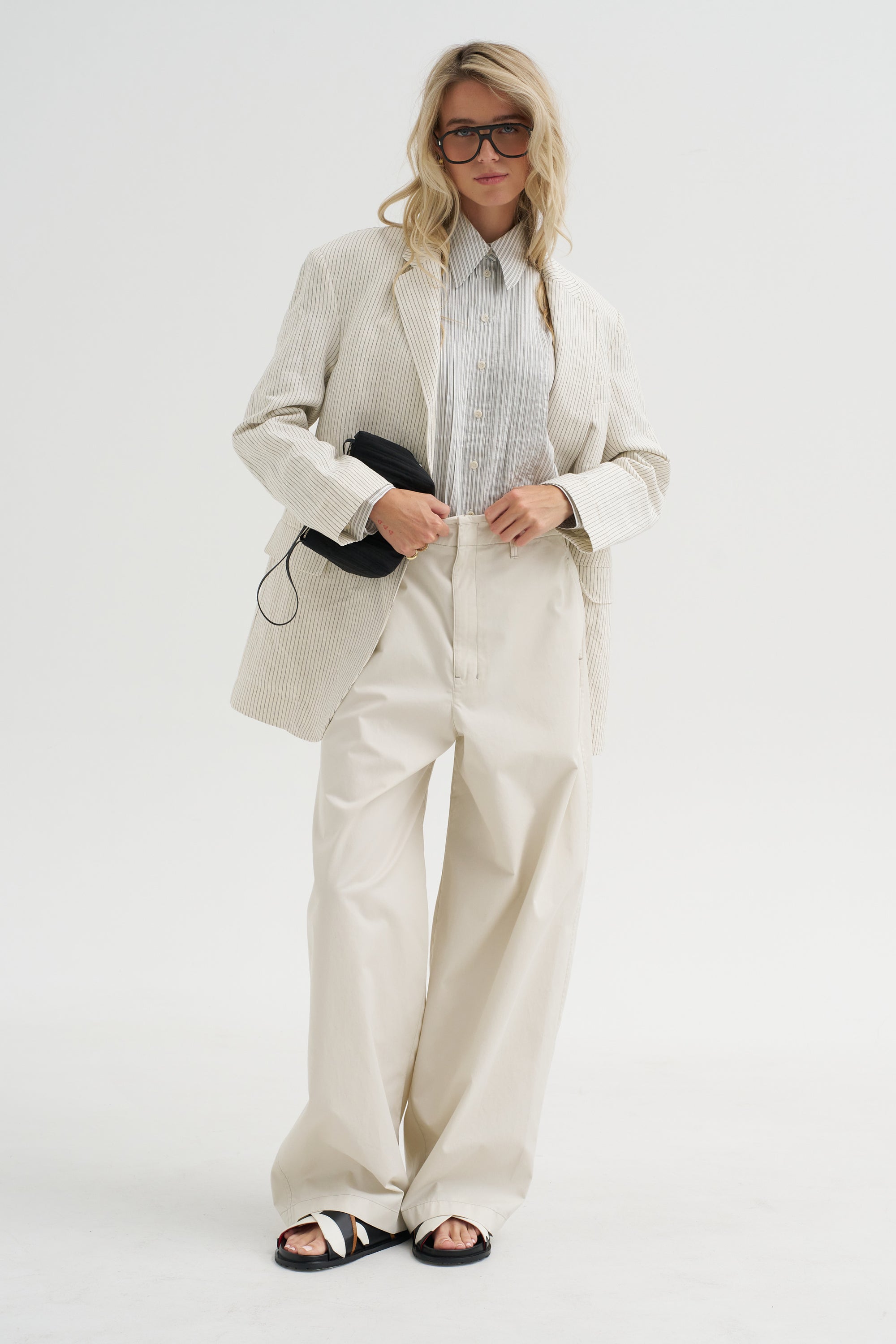 Ultra Light Silk Tencel Striped Pintucked Shirt, White Grey Multi