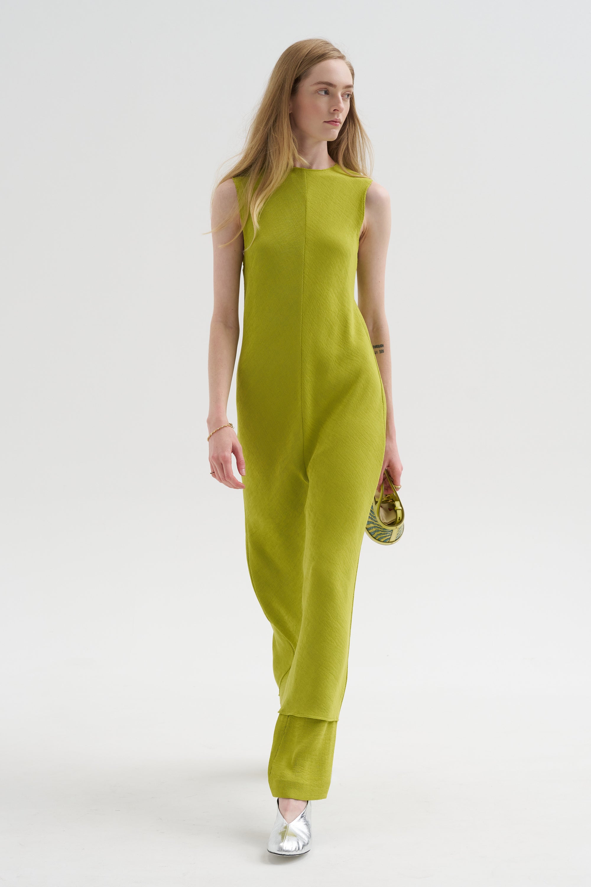 Viscose Plisse Sleeveless Bias Dress, Pea Pod