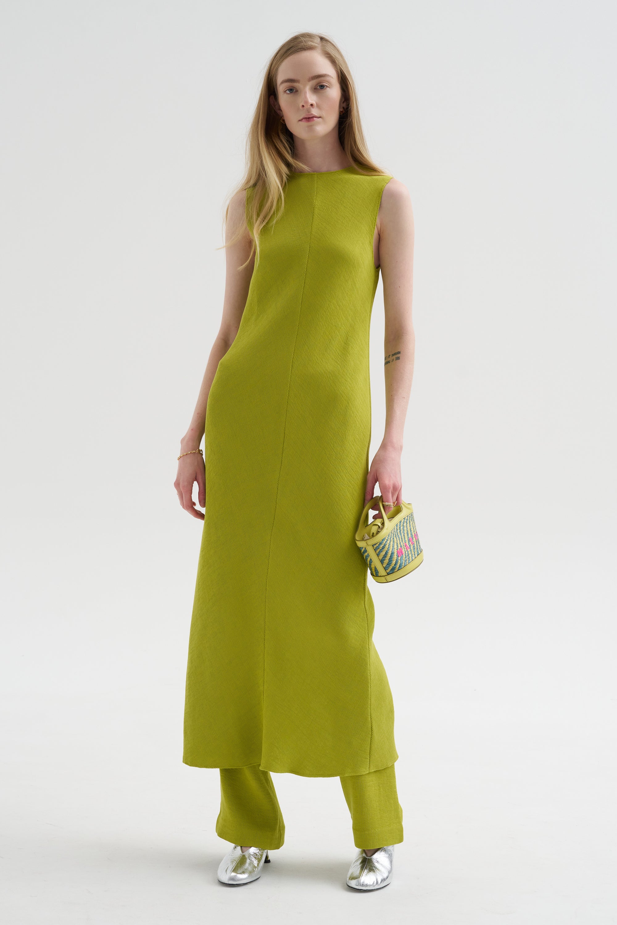 Viscose Plisse Sleeveless Bias Dress, Pea Pod