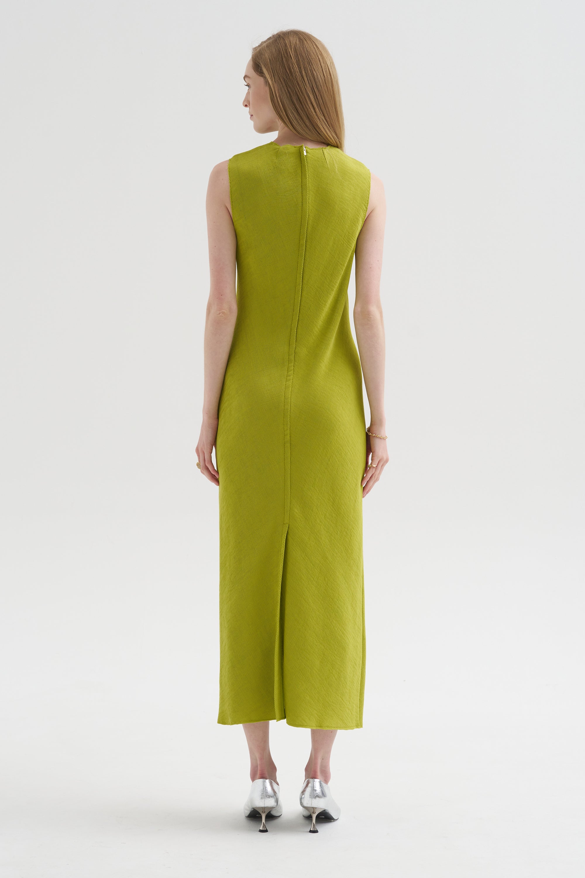 Viscose Plisse Sleeveless Bias Dress, Pea Pod
