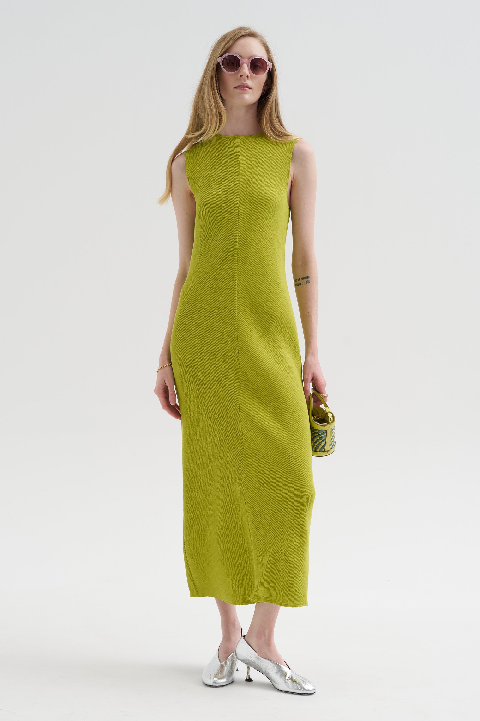 Viscose Plisse Sleeveless Bias Dress, Pea Pod