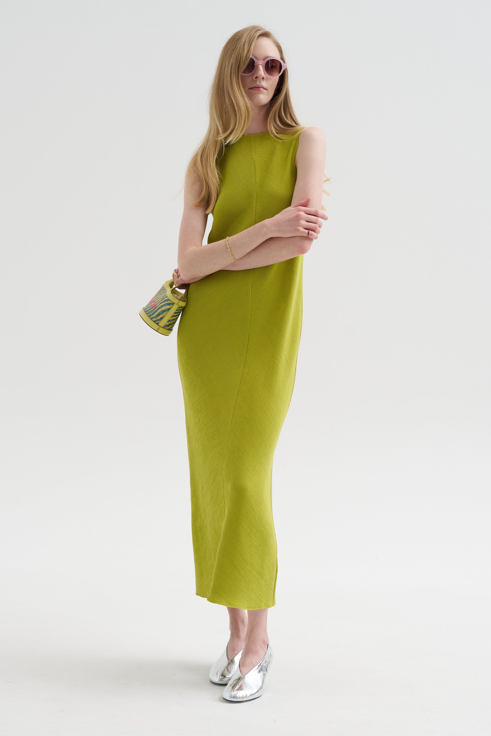 Viscose Plisse Sleeveless Bias Dress, Pea Pod
