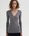 PRE-ORDER • Feather Weight Ribbed Sweater V-Neck Pullover, Heather Grey