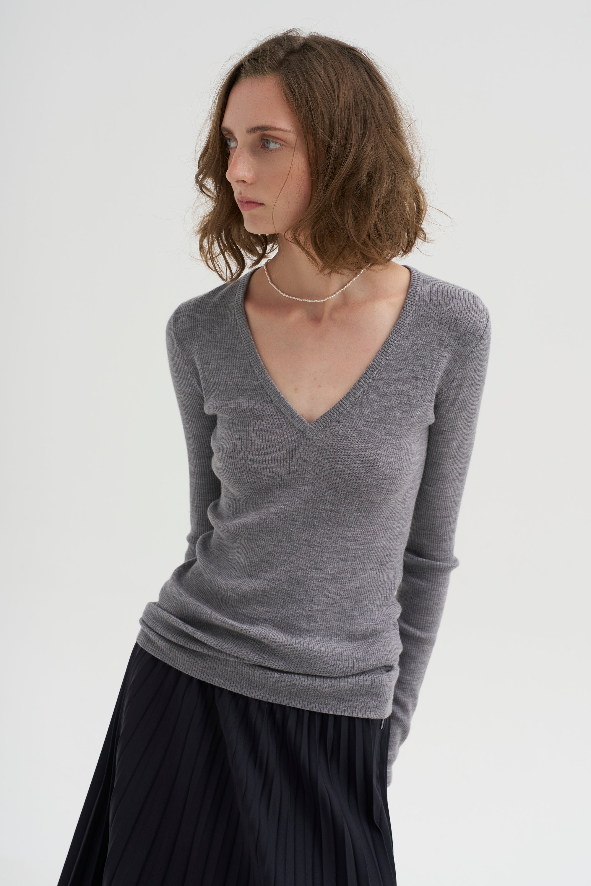 PRE-ORDER • Feather Weight Ribbed Sweater V-Neck Pullover, Heather Grey