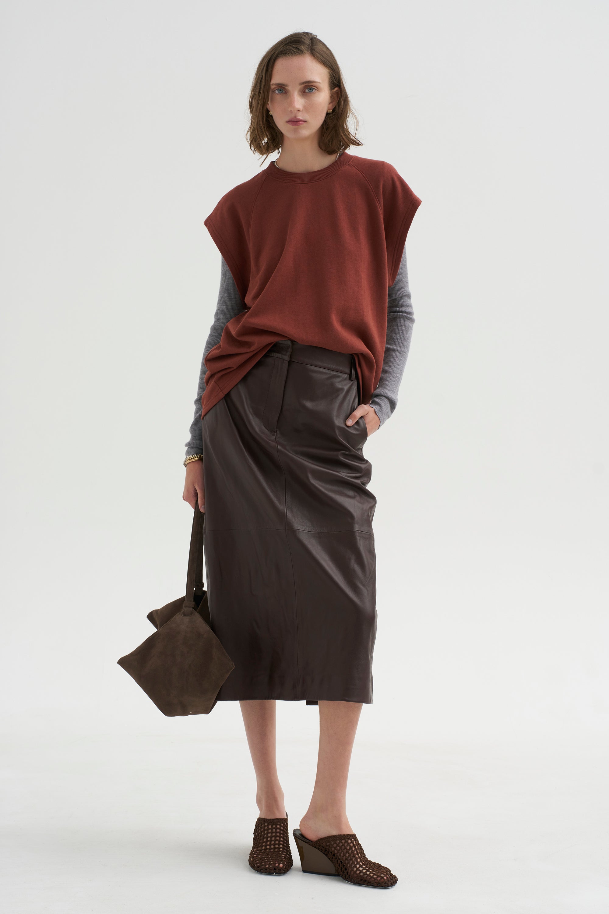 PRE-ORDER • Leather Midi Trouser Skirt, Brown