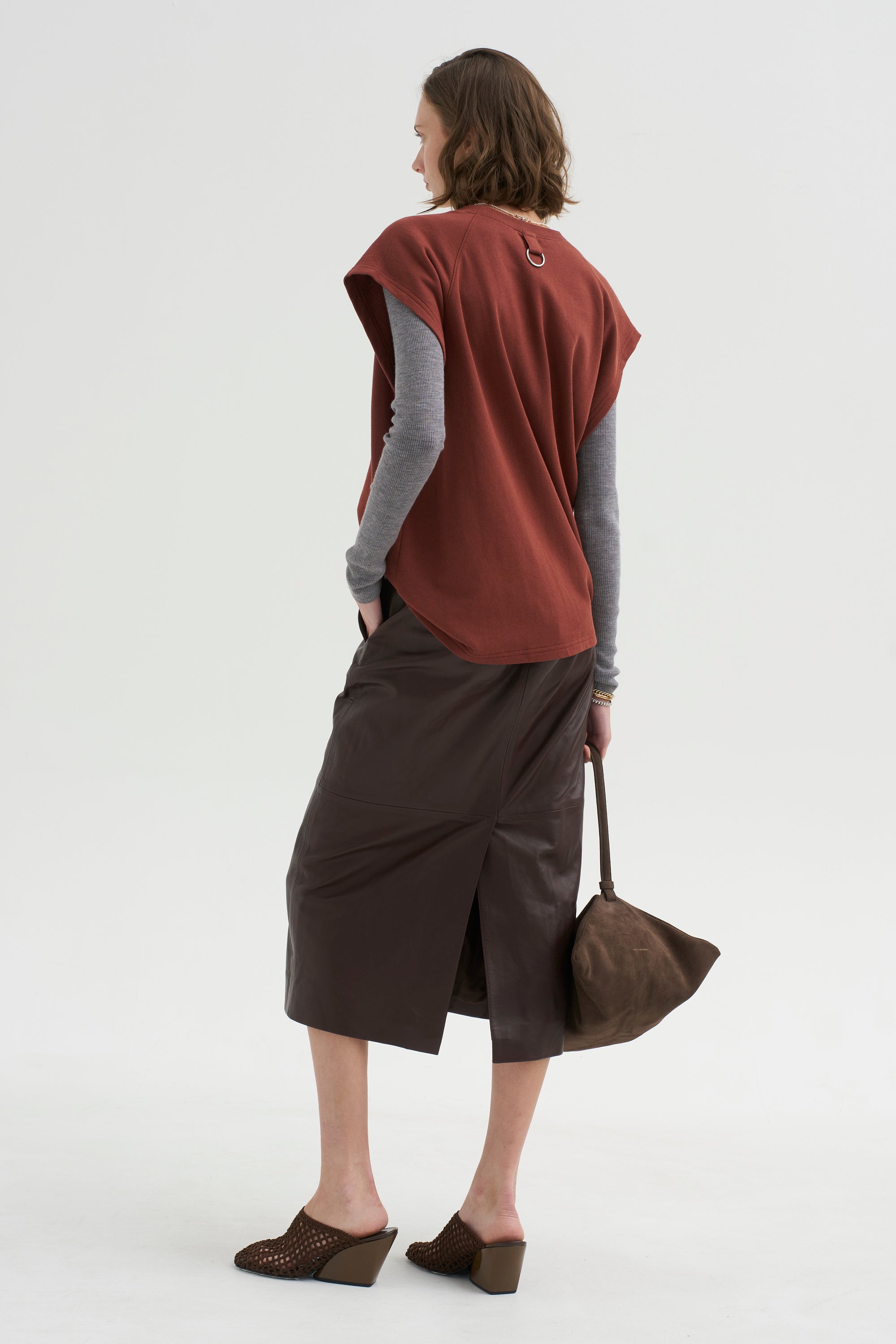 PRE-ORDER • Leather Midi Trouser Skirt, Brown