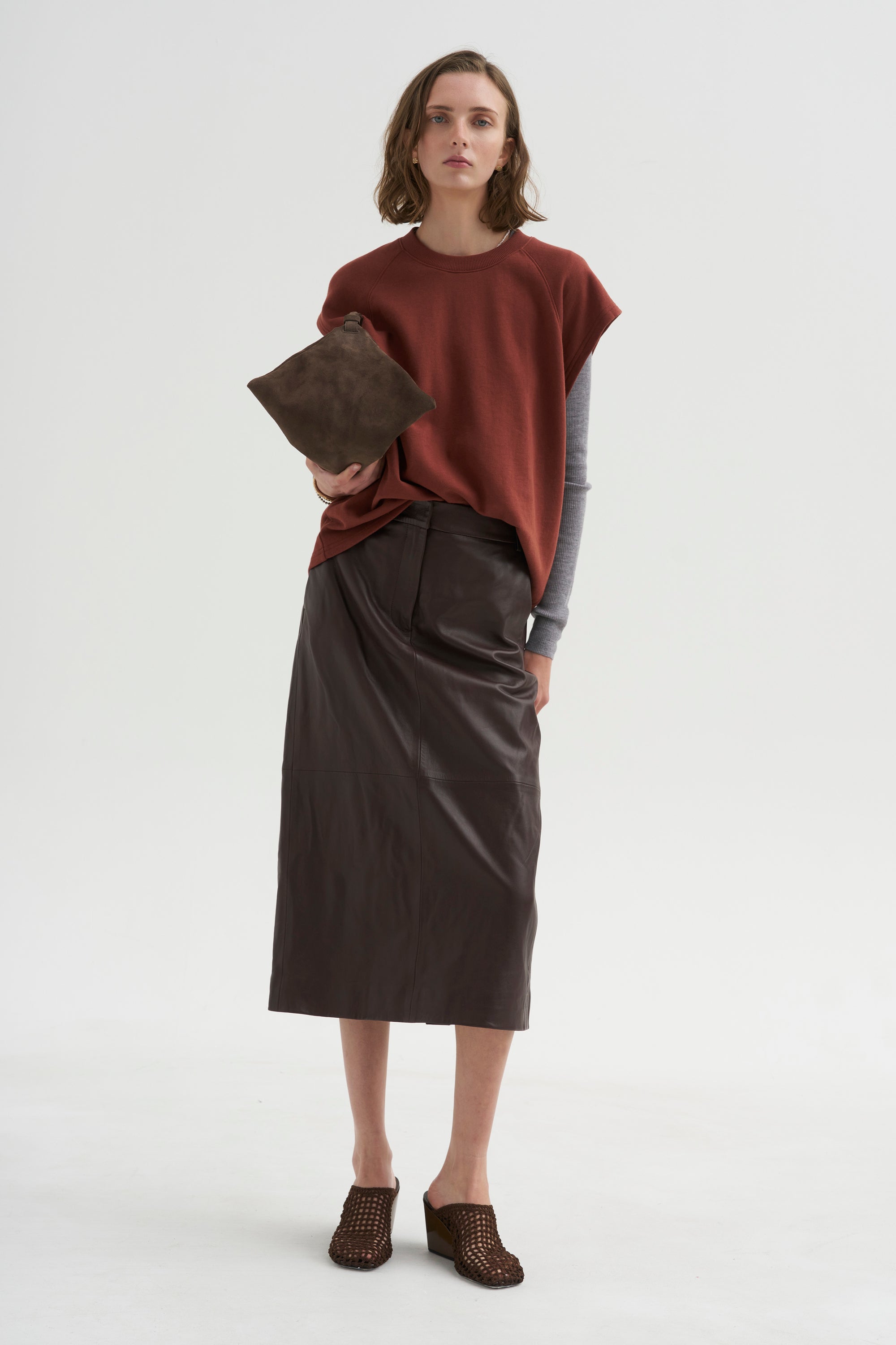 PRE-ORDER • Leather Midi Trouser Skirt, Brown