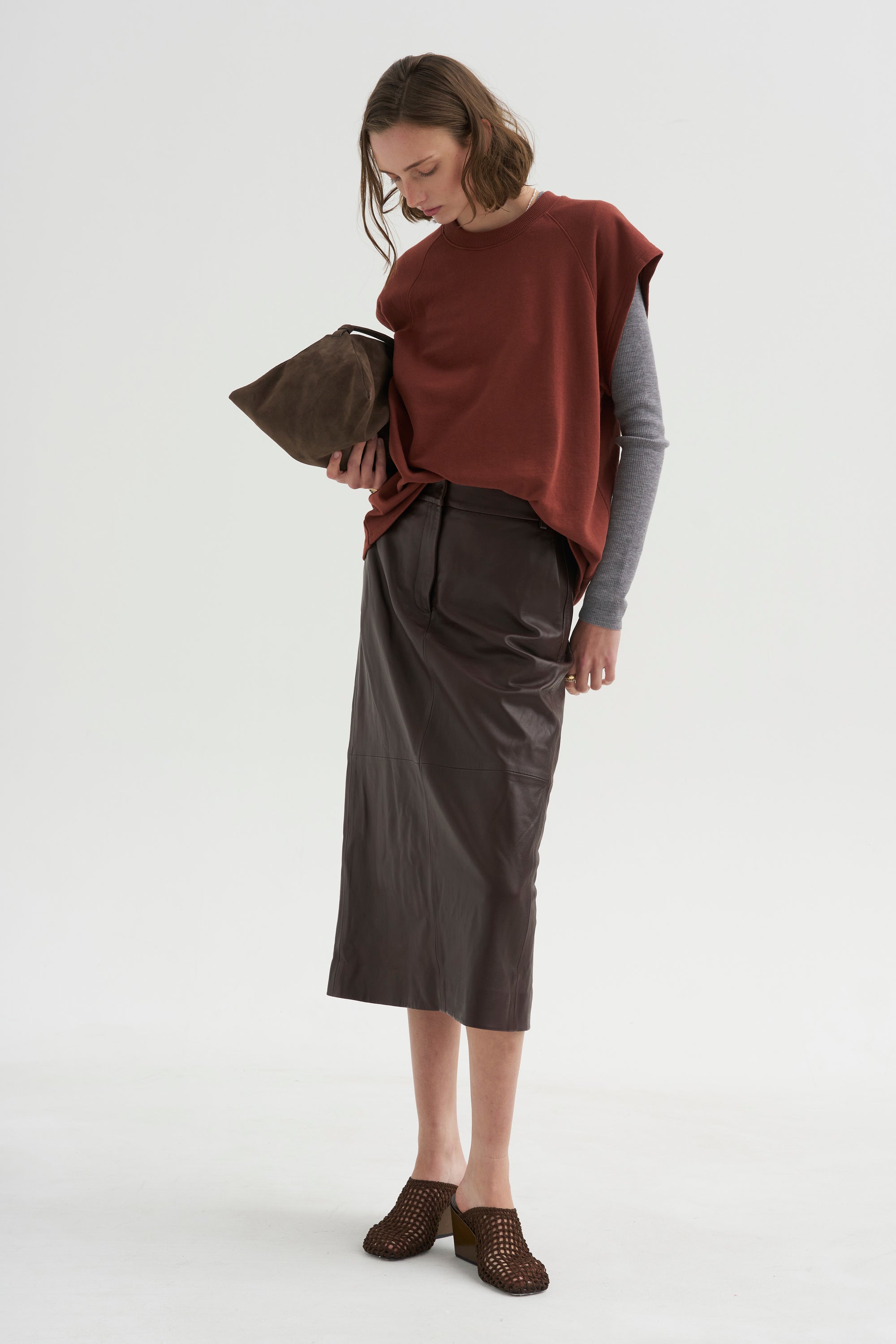 PRE-ORDER • Leather Midi Trouser Skirt, Brown