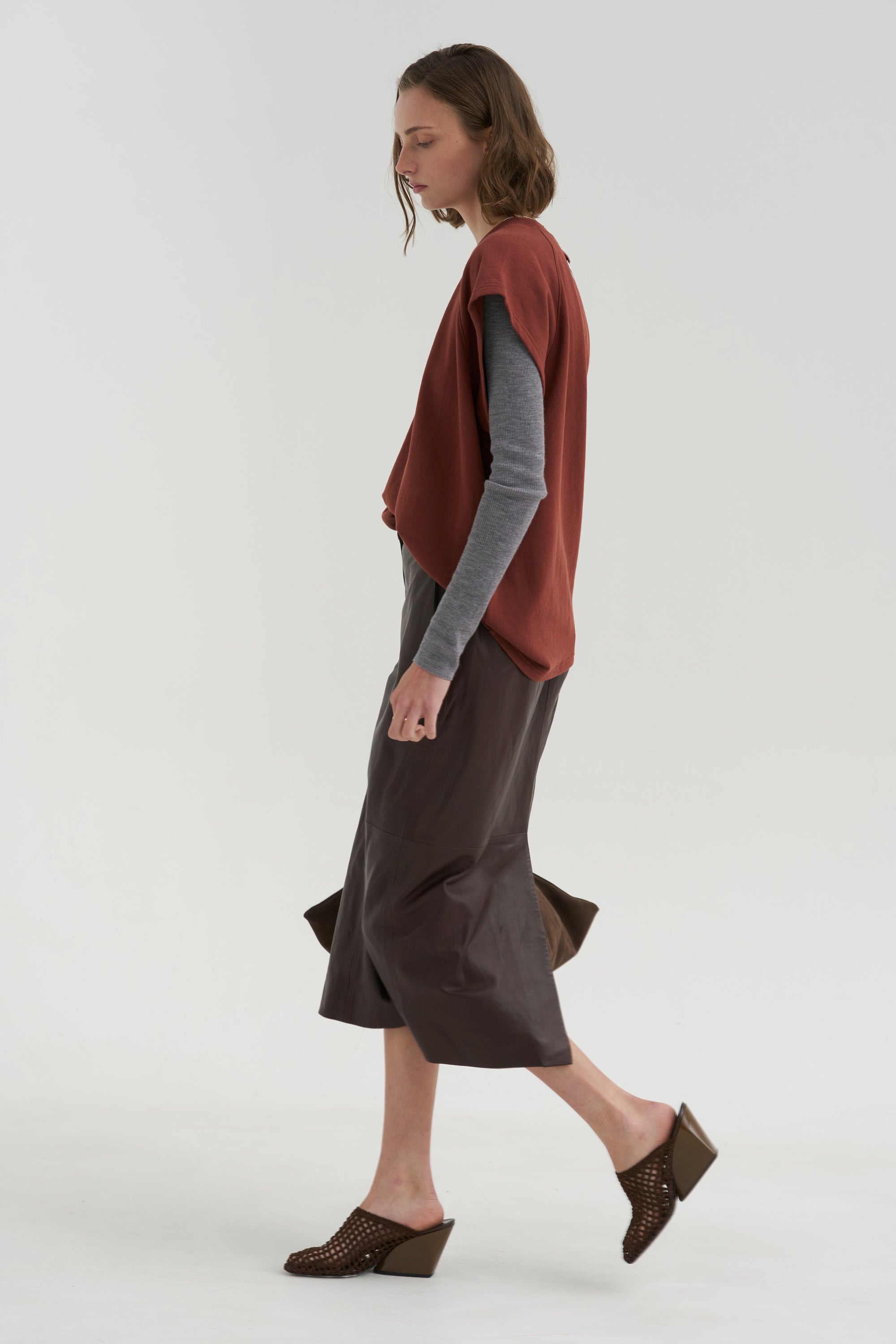 PRE-ORDER • Leather Midi Trouser Skirt, Brown