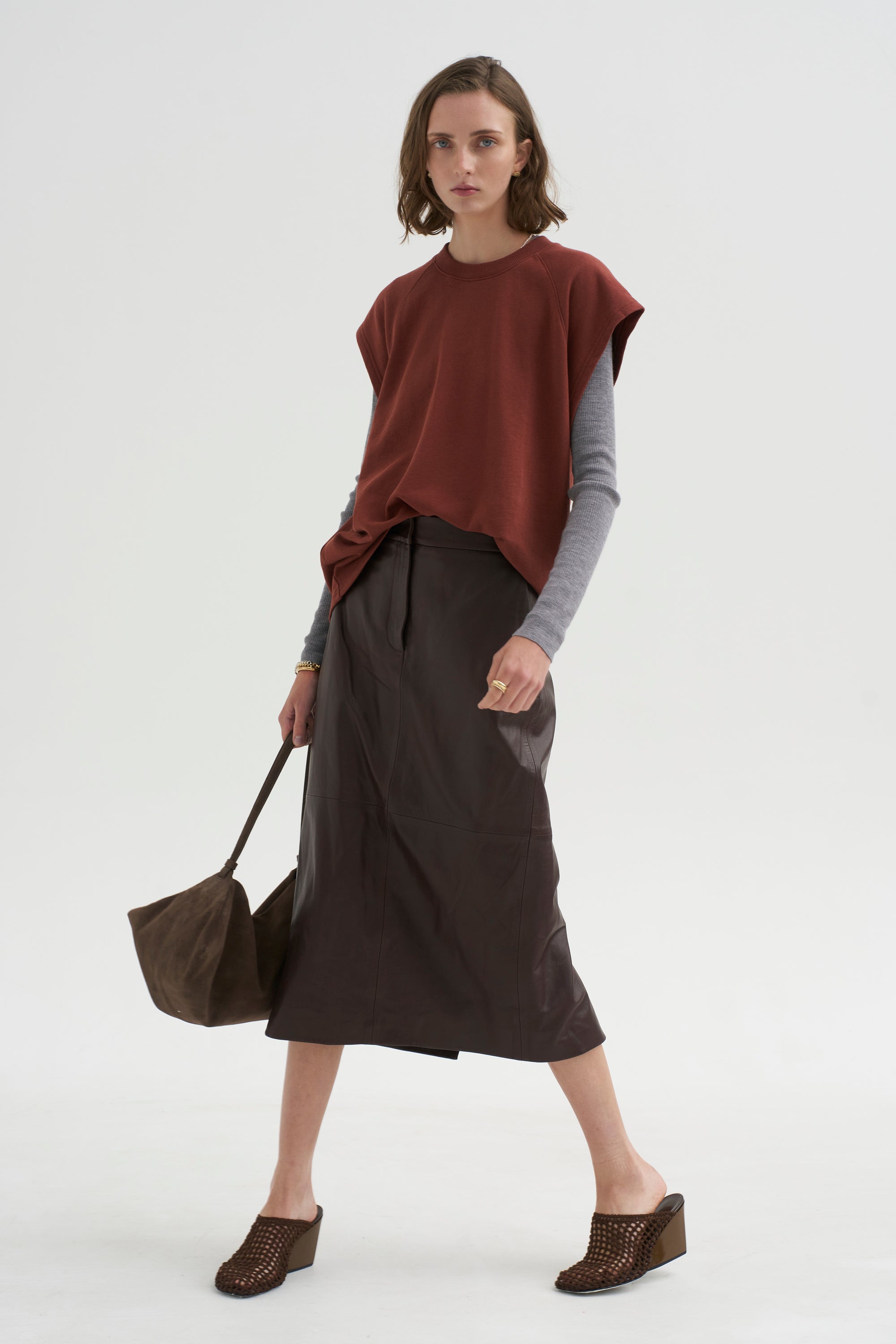 PRE-ORDER • Leather Midi Trouser Skirt, Brown