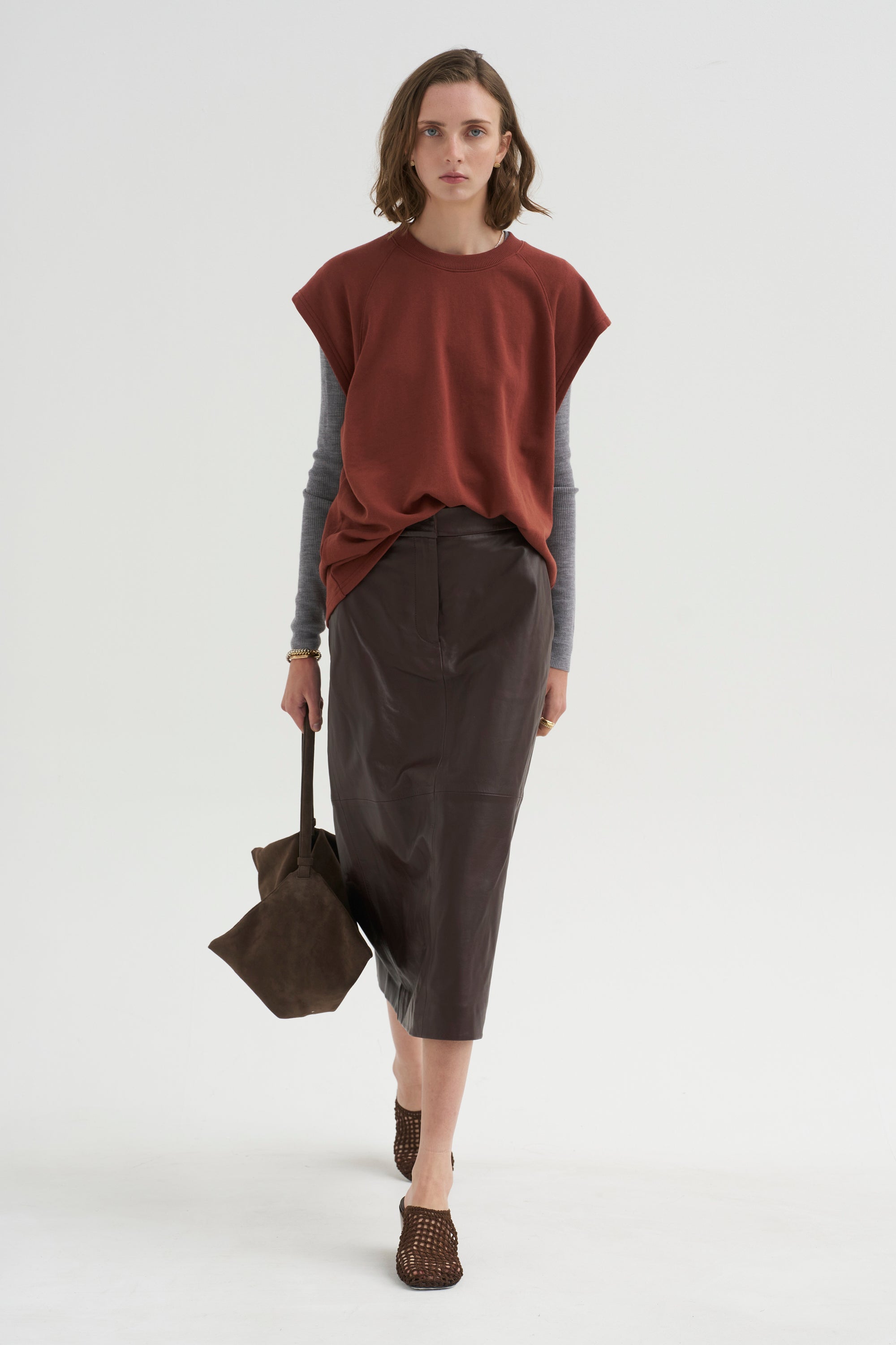PRE-ORDER • Leather Midi Trouser Skirt, Brown