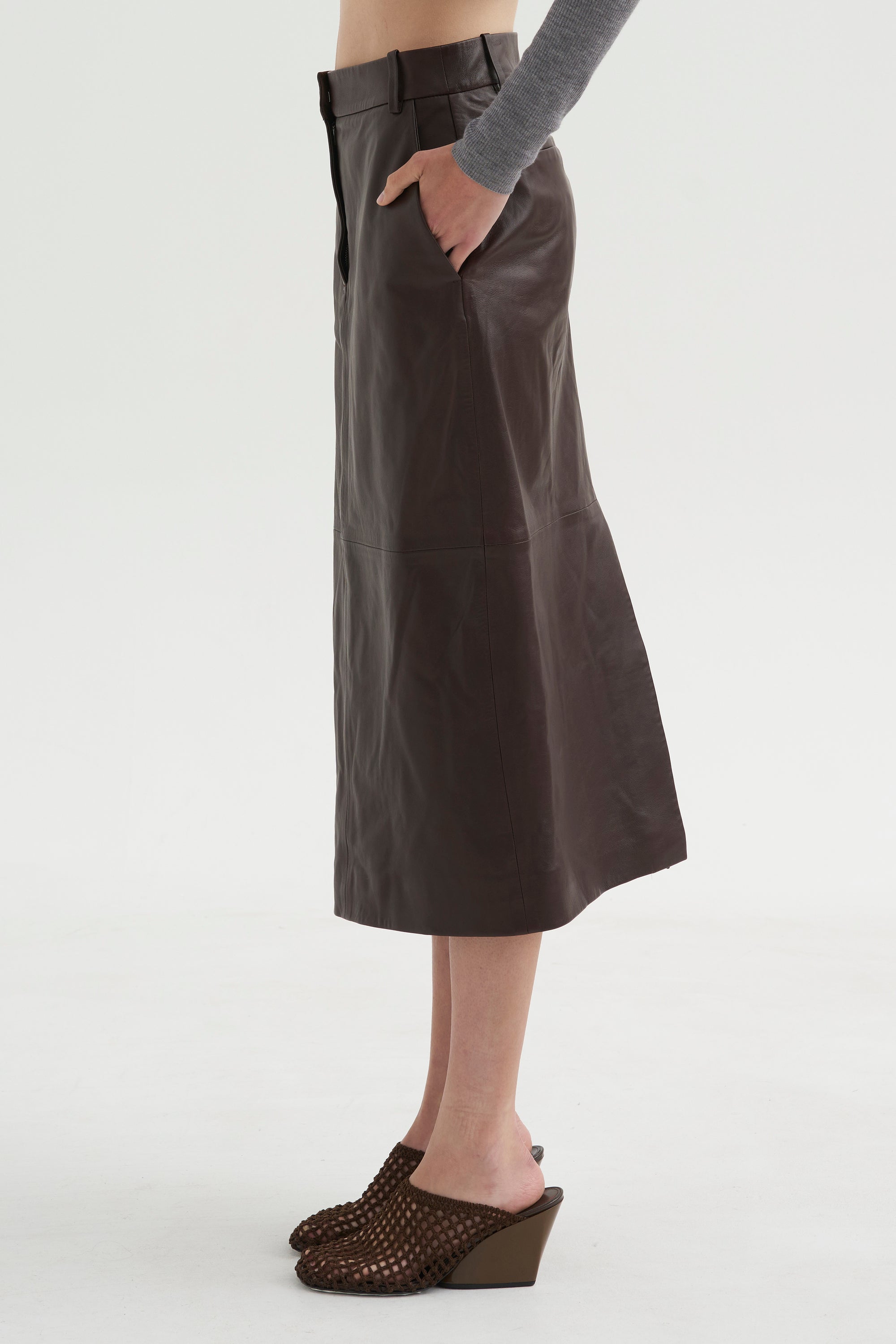 PRE-ORDER • Leather Midi Trouser Skirt, Brown