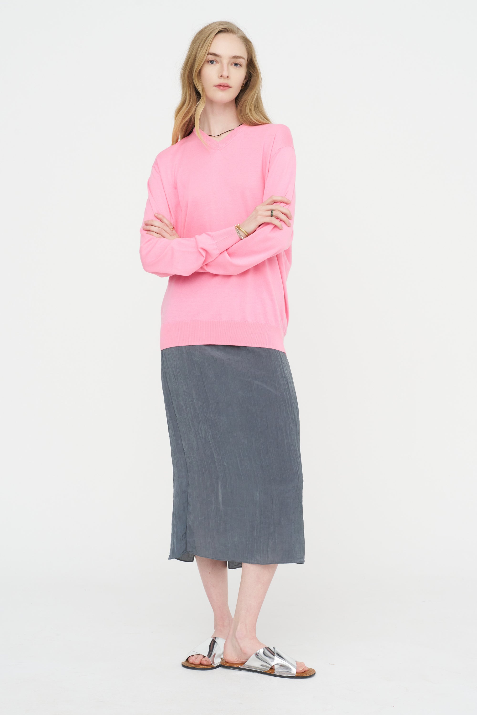 Super Fine Gauge Perfect V-Neck Men's Pullover, Bubble Gum Pink