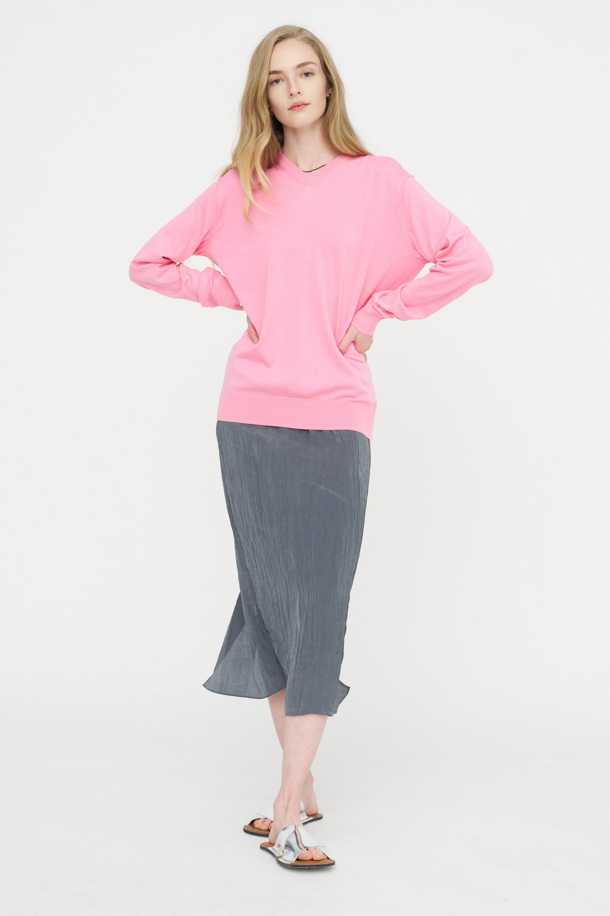 Super Fine Gauge Perfect V-Neck Men's Pullover, Bubble Gum Pink