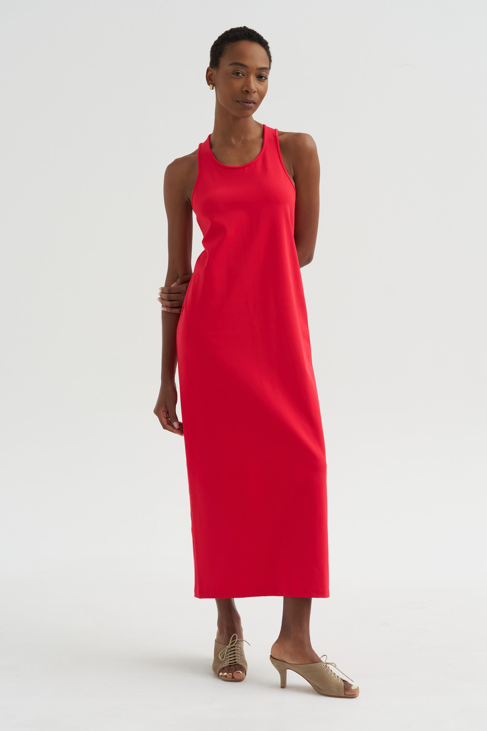 Compact Ultra Stretch Knit Sleeveless Dress, Red