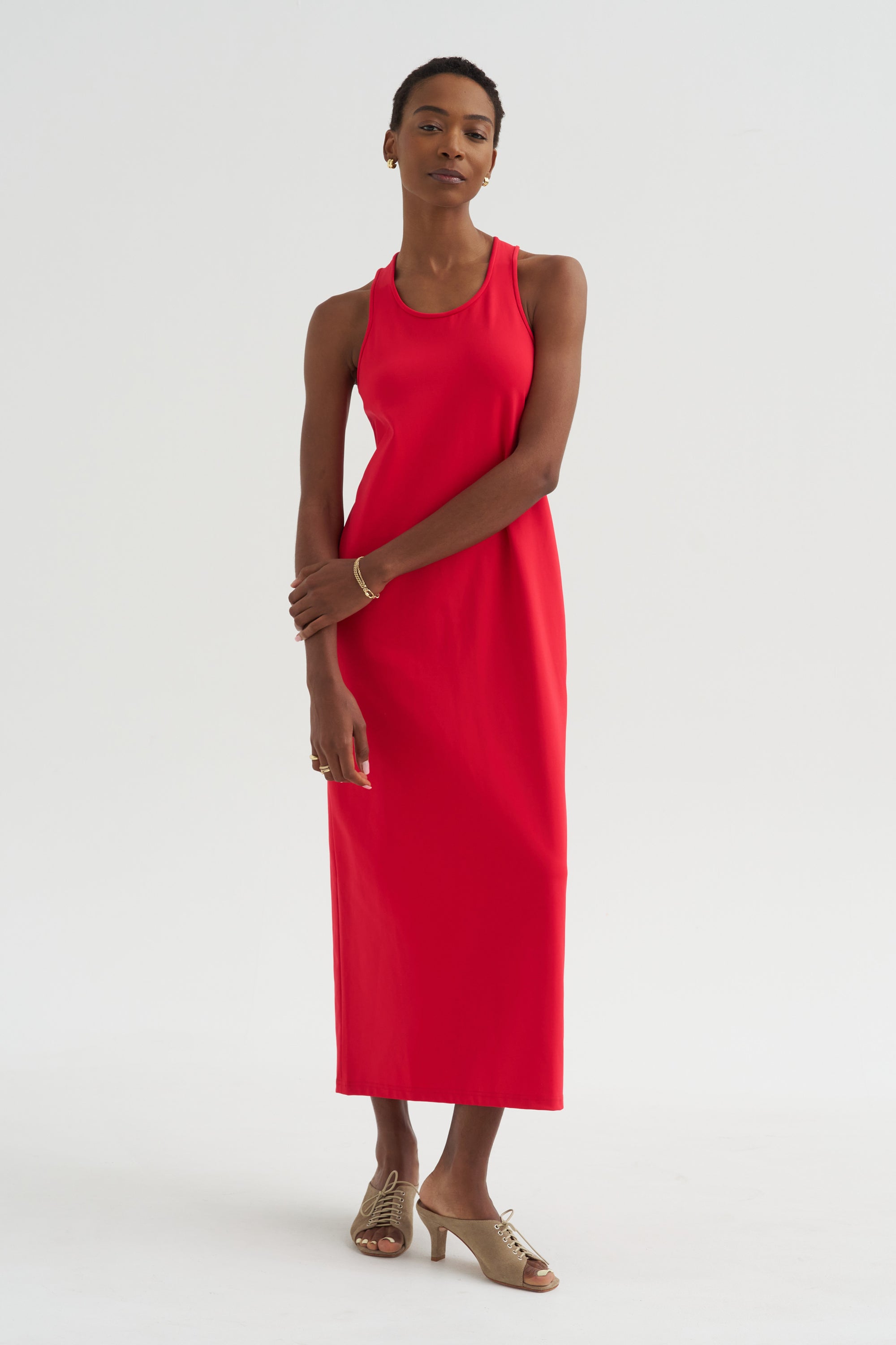 Compact Ultra Stretch Knit Sleeveless Dress, Red