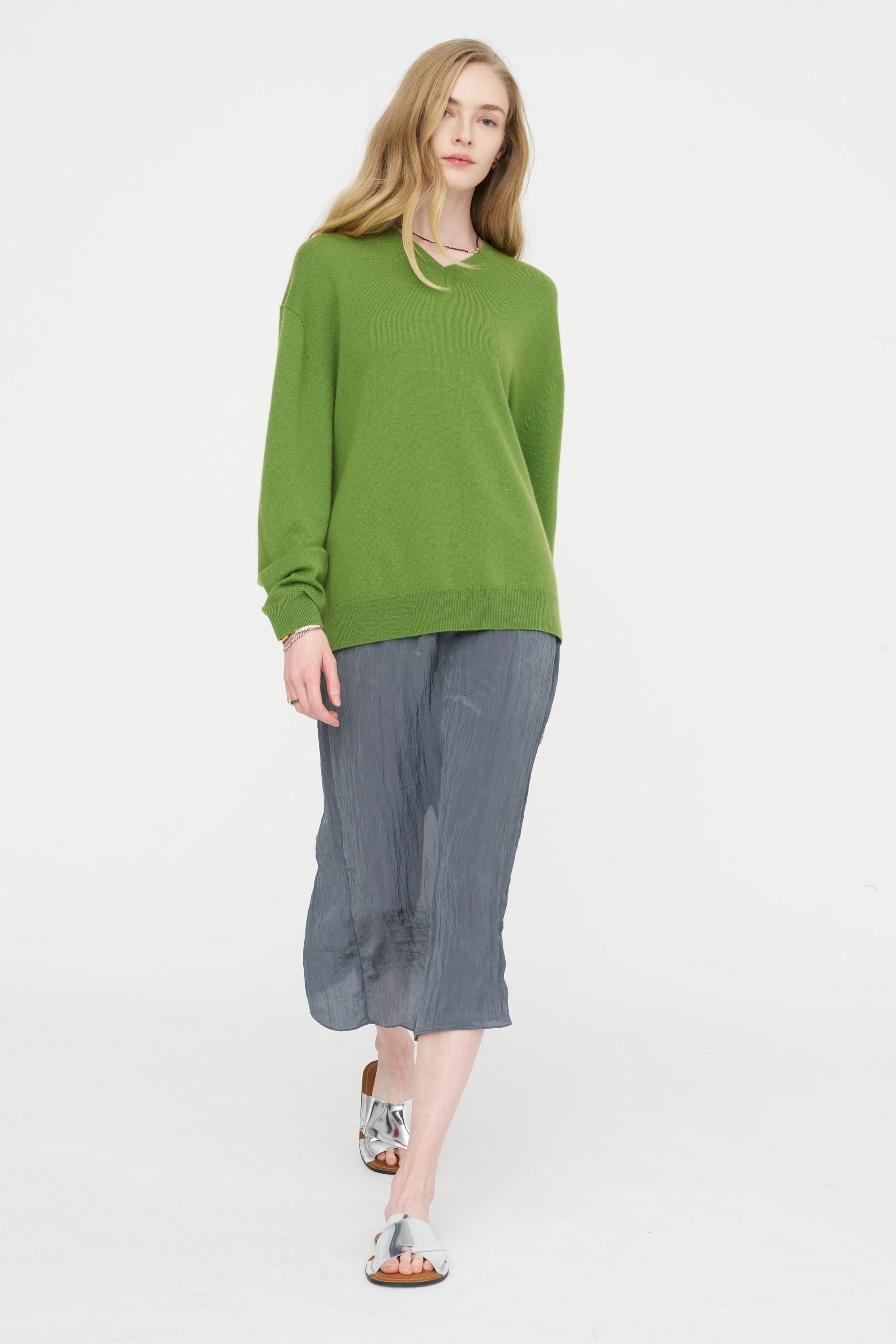 Washable Cashmere Easy V-Neck Sweater, Avocado