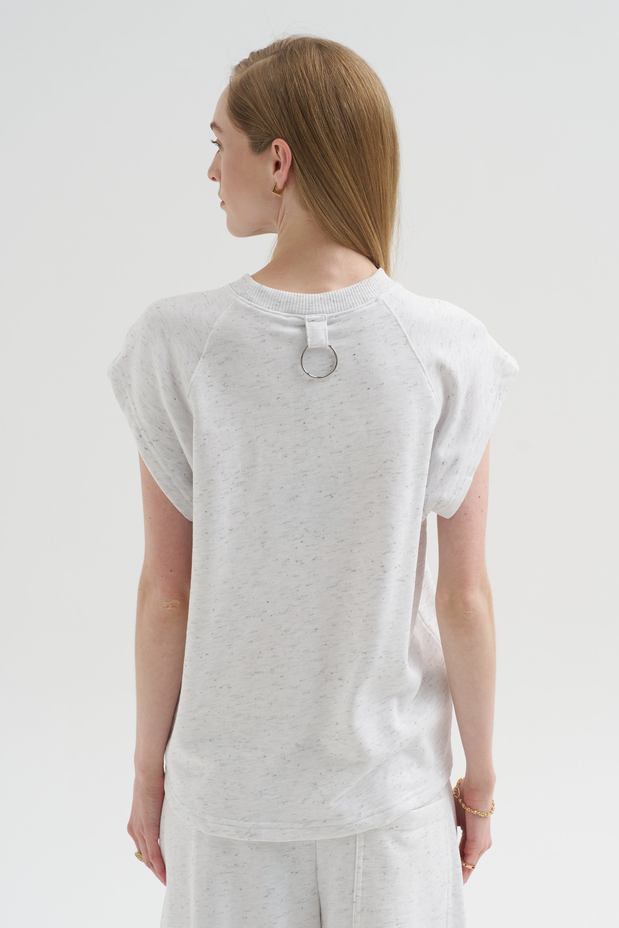 Spring Tweedy Sweatshirting Sleeveless Easy Top, White Multi