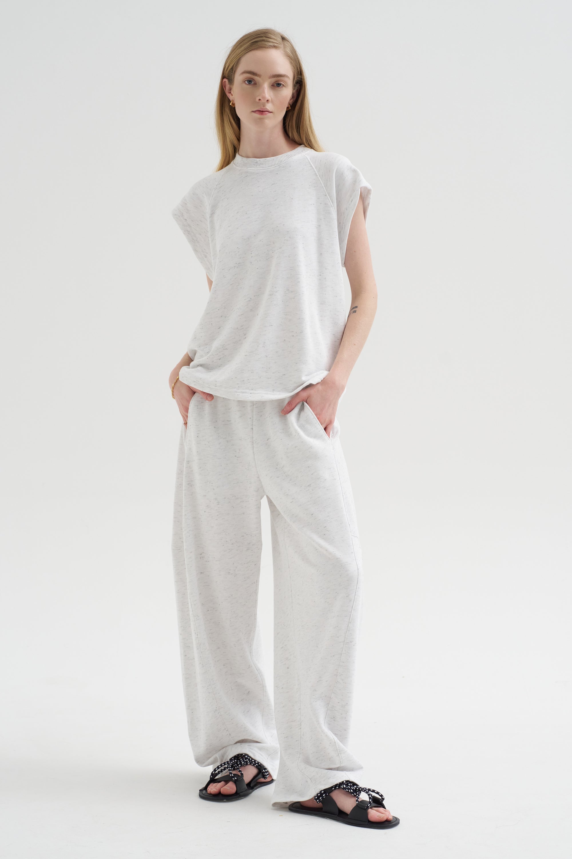 Spring Tweedy Sweatshirting Sleeveless Easy Top, White Multi