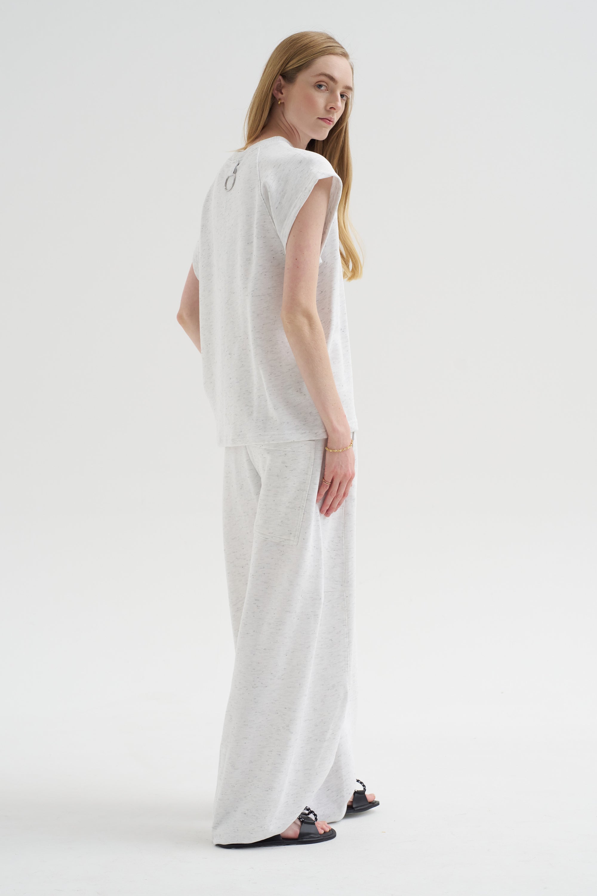 Spring Tweedy Sweatshirting Sleeveless Easy Top, White Multi