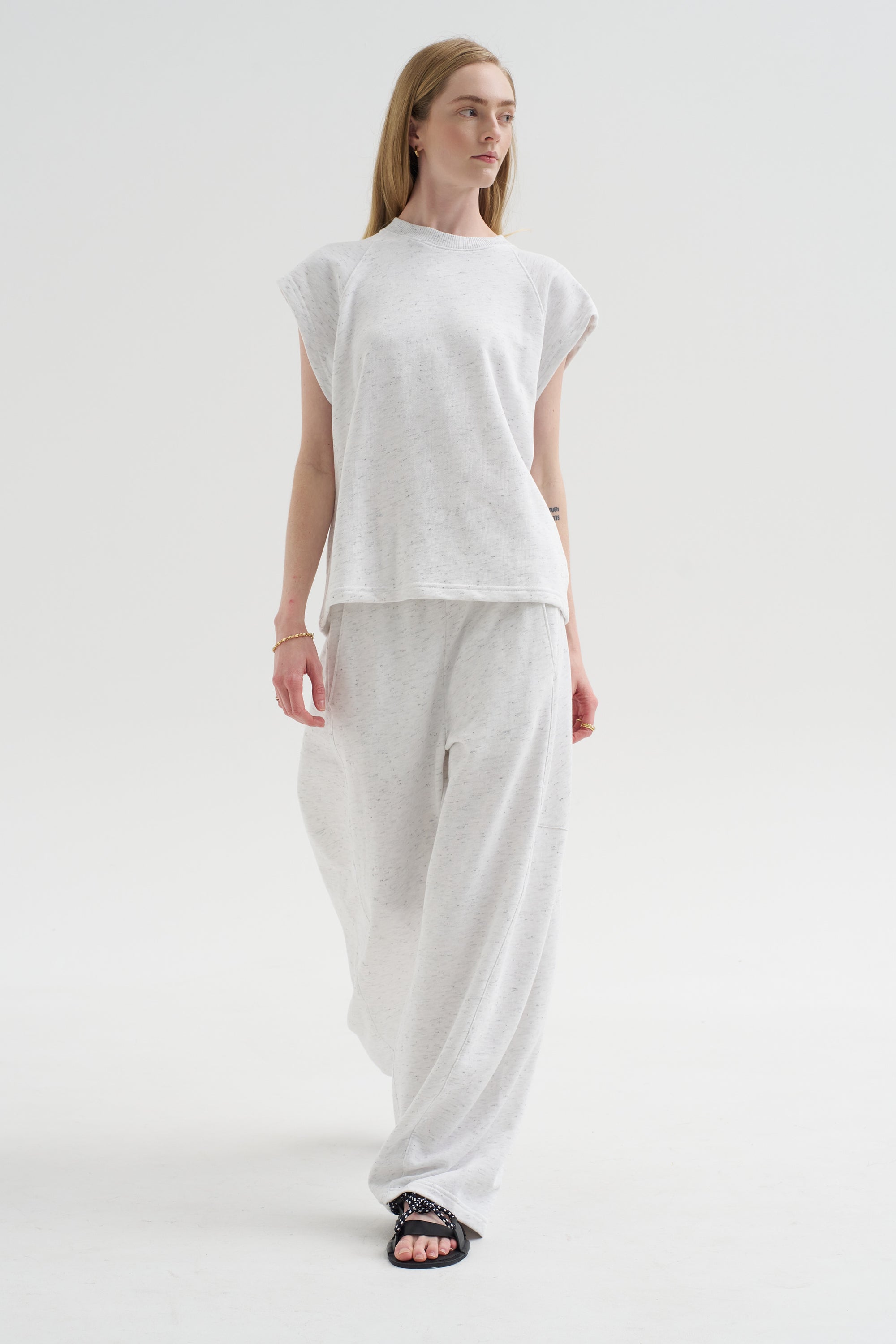 Spring Tweedy Sweatshirting Sleeveless Easy Top, White Multi